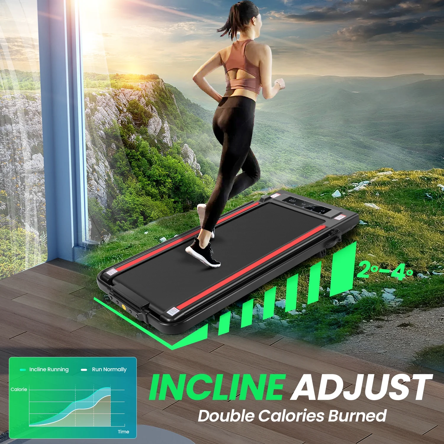 2 in 1 Walking Pad Treadmill with Incline, 2.5HP Under Desk Treadmill with Handle Remote Control & LED Touch Screen for Home Office Workout, 300lbs Weight Capacity Black & Green