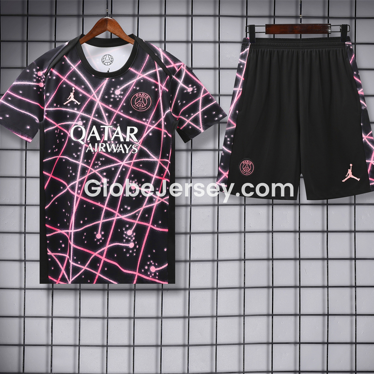 Paris Saint-Germain PSG 25-26 Short-Sleeve Training Set - Pink Fluorescent Rays Black Top & Black Shorts