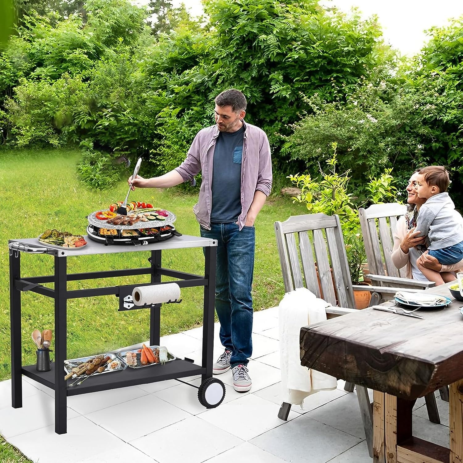 EastVita Outdoor Grill Cart Pizza Oven Stand, BBQ Prep Table Helpdesk with Wheels, Double-Shelf Grilling Cart Tabletop Griddle Cooking Station for Bar, Patio, Camping