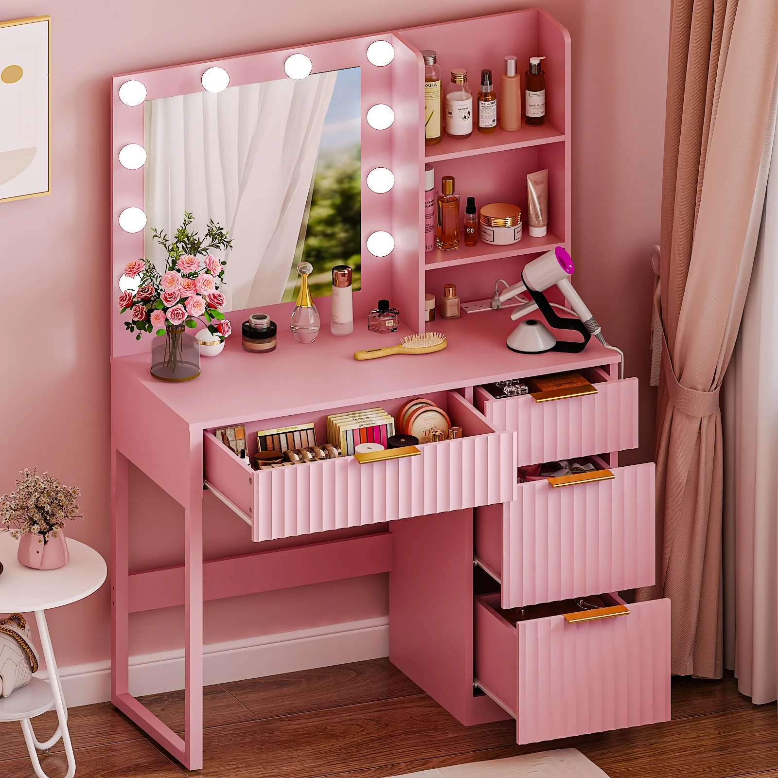Ktaxon Vanity Set with 3 Color Lighted Mirror, Makeup Table with 3 Storage Shelves & Drawers, Dressing Table Makeup Desk with Stool,White