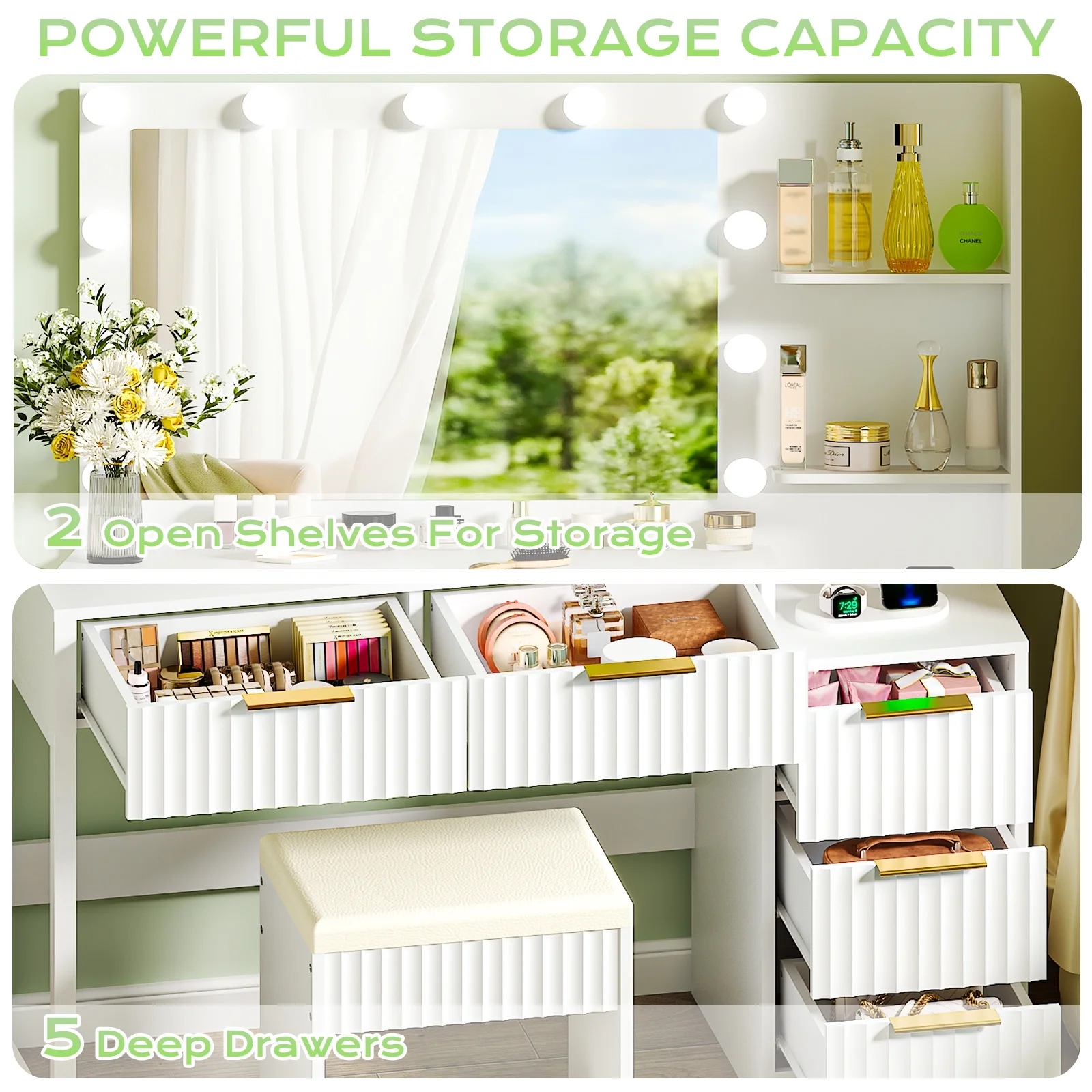 Ktaxon Flutted Makeup Vanity Table Set with 5 Drawer, Dressing Table w/Charging Station, Vanity Desk for Femal Gift, White