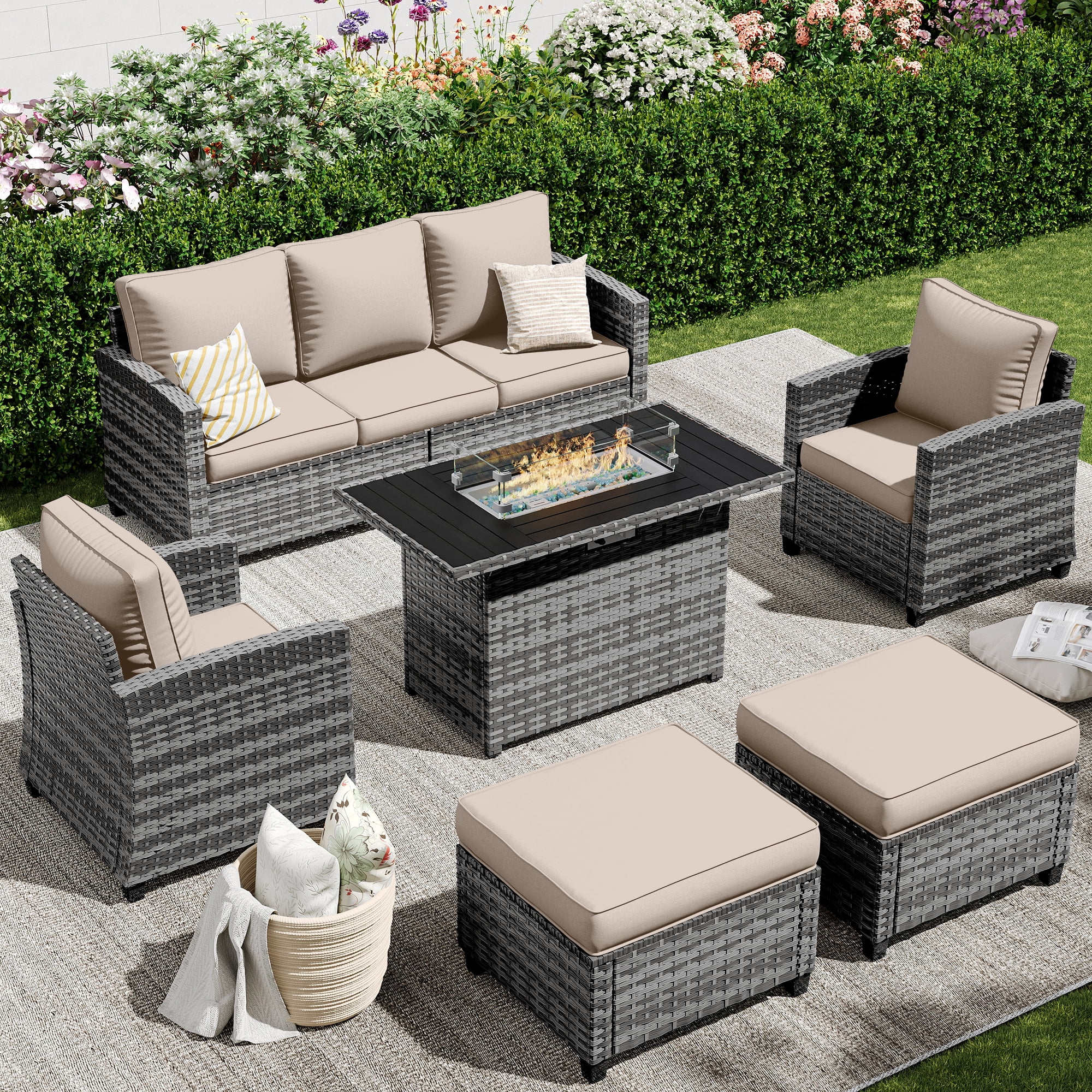POTEBAN Patio Furniture Set, 7 Pieces Outdoor Sectional Sofa Couch with Chairs, Ottomans and Comfy Cushions, All Weather Wicker Rattan Patio Conversation Set for Garden Backyard Dark Grey