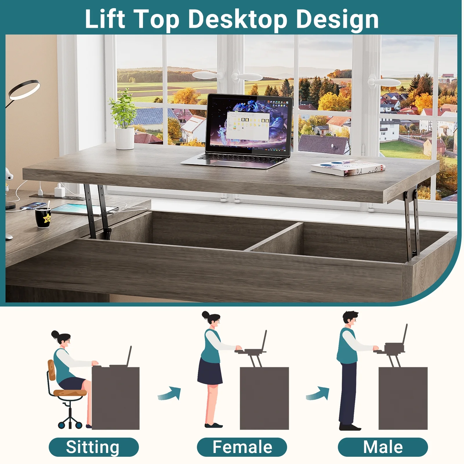 Homieasy L Shaped Desk with Power Outlets and USB Charging Ports, Lift Top Corner Computer Desk with Drawer, Large Office Desk with Storage Shelves, L Shaped Standing Desk for Home Office, Black Oak