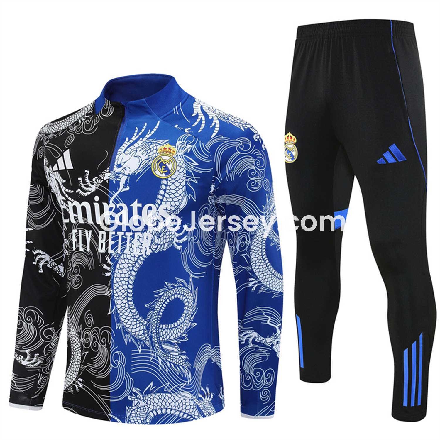 Real Madrid 25-26 Long Sleeve Training Set - White Loong Black Blue Top and Black Pants