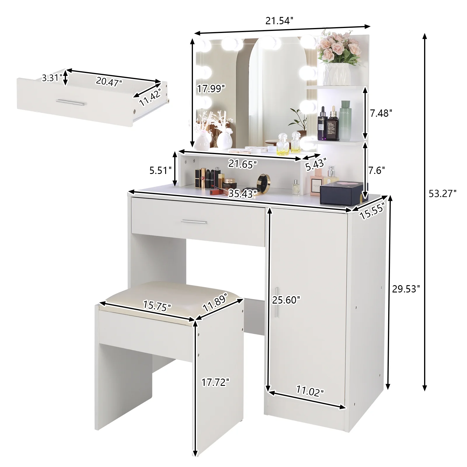 Resenkos Vanity Desk Set with Mirror and Lights for Makeup, 5 Drawers Storage Dresser for Bedroom, White