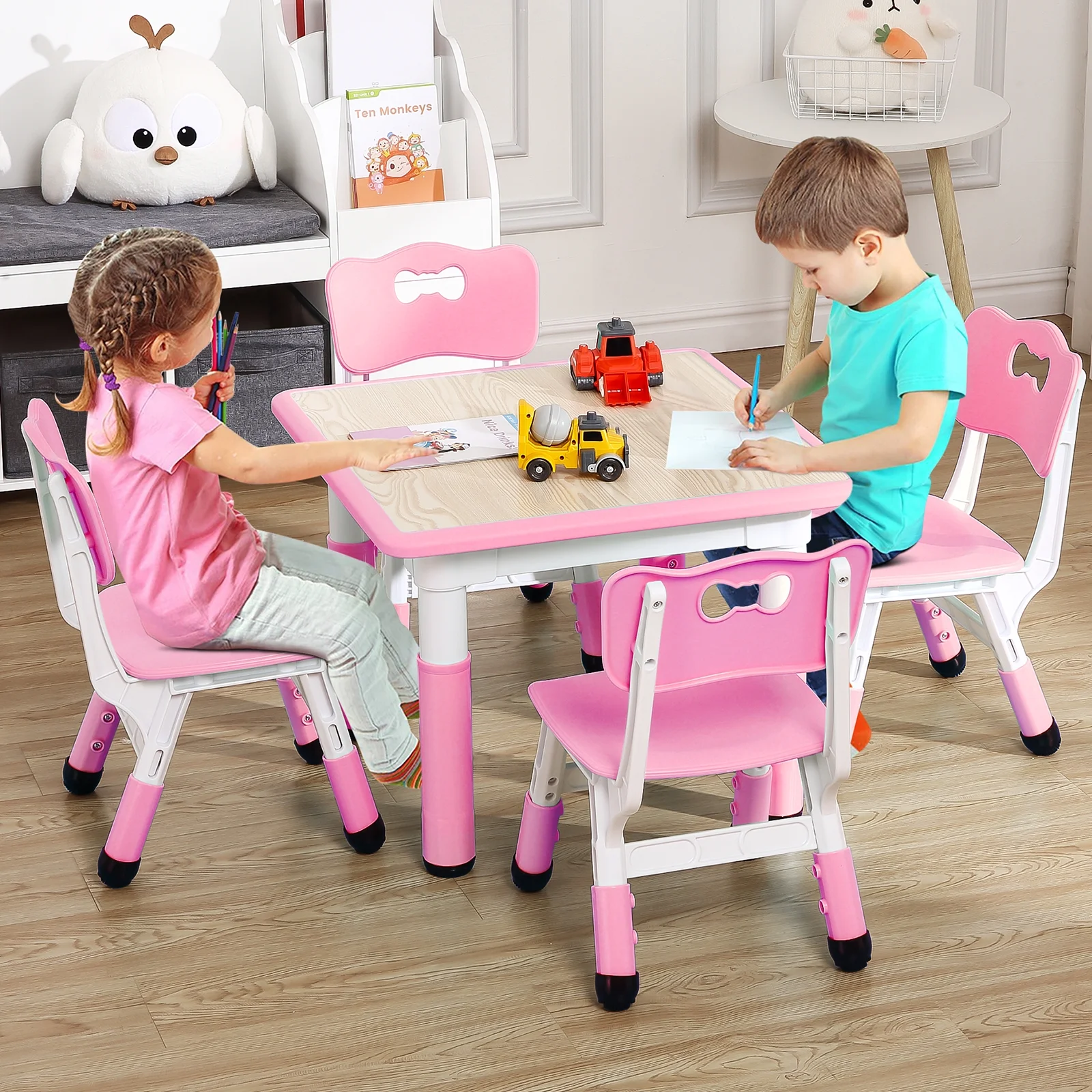 KATIDAP Kids Table and 4 Chairs Set, Height Adjustable Toddler Table and Chair Set, Graffiti Desktop, Classroom/Daycare/Home, Children Multi-Activity Table for Ages 2-8,Blue