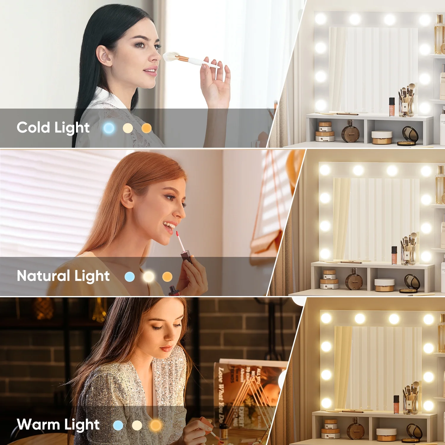 eChamp Makeup Vanity Desk with 3 Color Light & Mirror, Vanity Table with 4 Drawers, Storage Shelf, Power Outlet, Adjustable Brightness Dressing Table, White