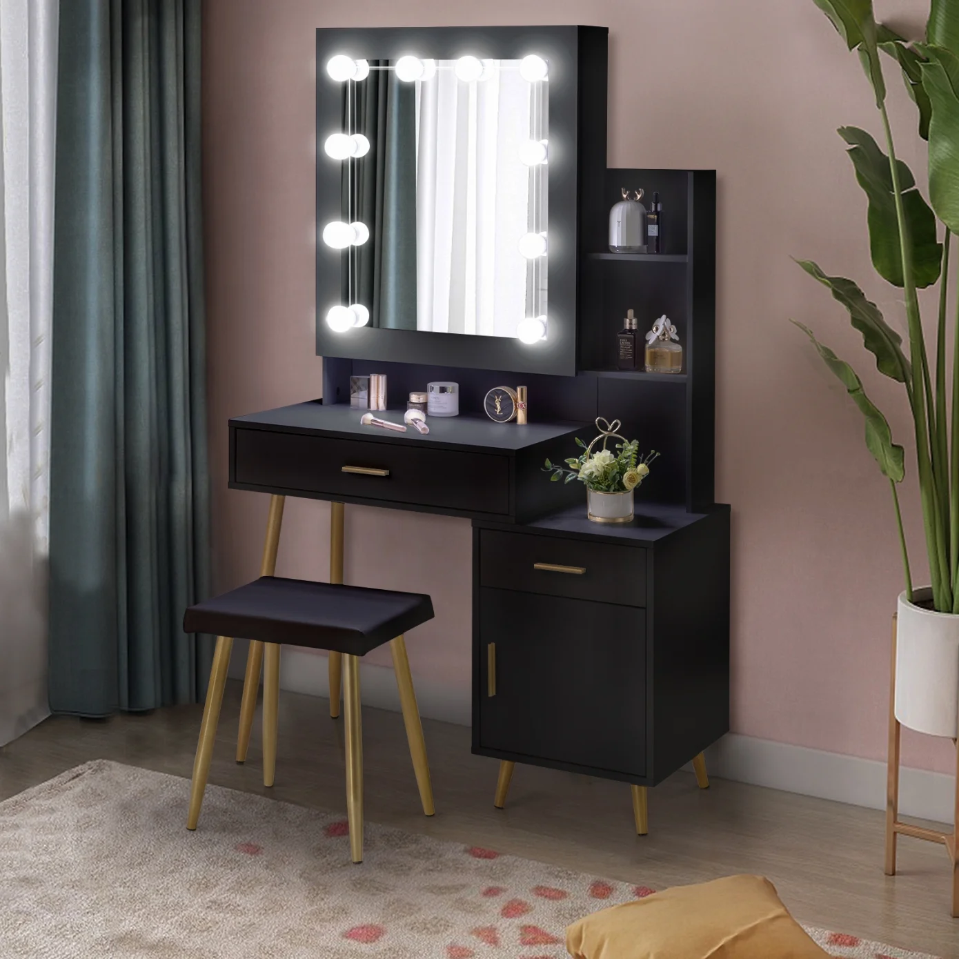 Black Bedroom Makeup Vanity Set, Vanity Desk with Light, Mirror and Cushioned Stool, Modern Makeup Dressing Table for Girls, Wife, Daughter, Mother, Adjustable Light Brightness
