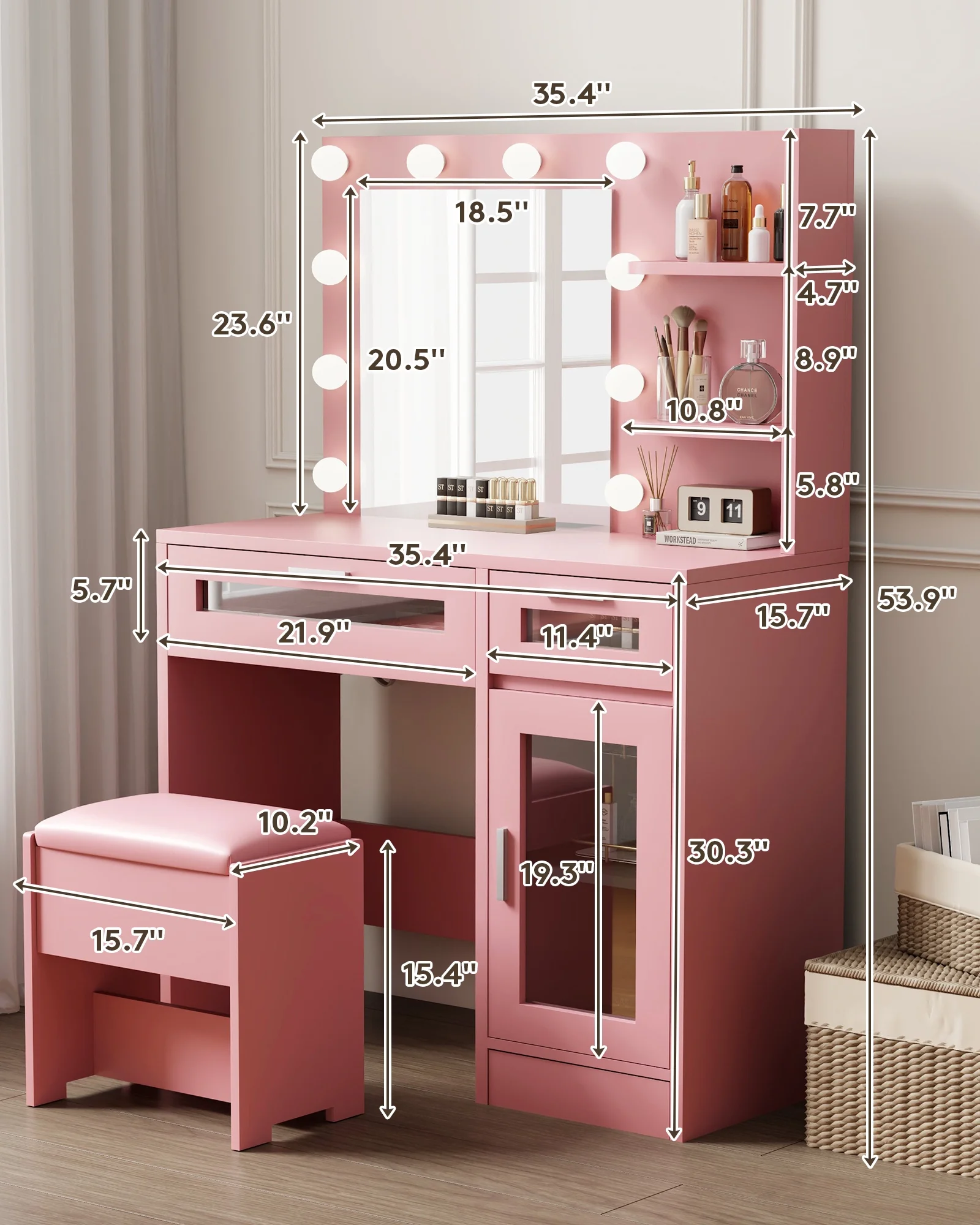 LIVELYGLOW Vanity Desk with Mirror and Lights, Makeup Vanity with Drawer & Storage Shelves, Cabinet, 3 Lighting Modes Adjustable Brightness,White