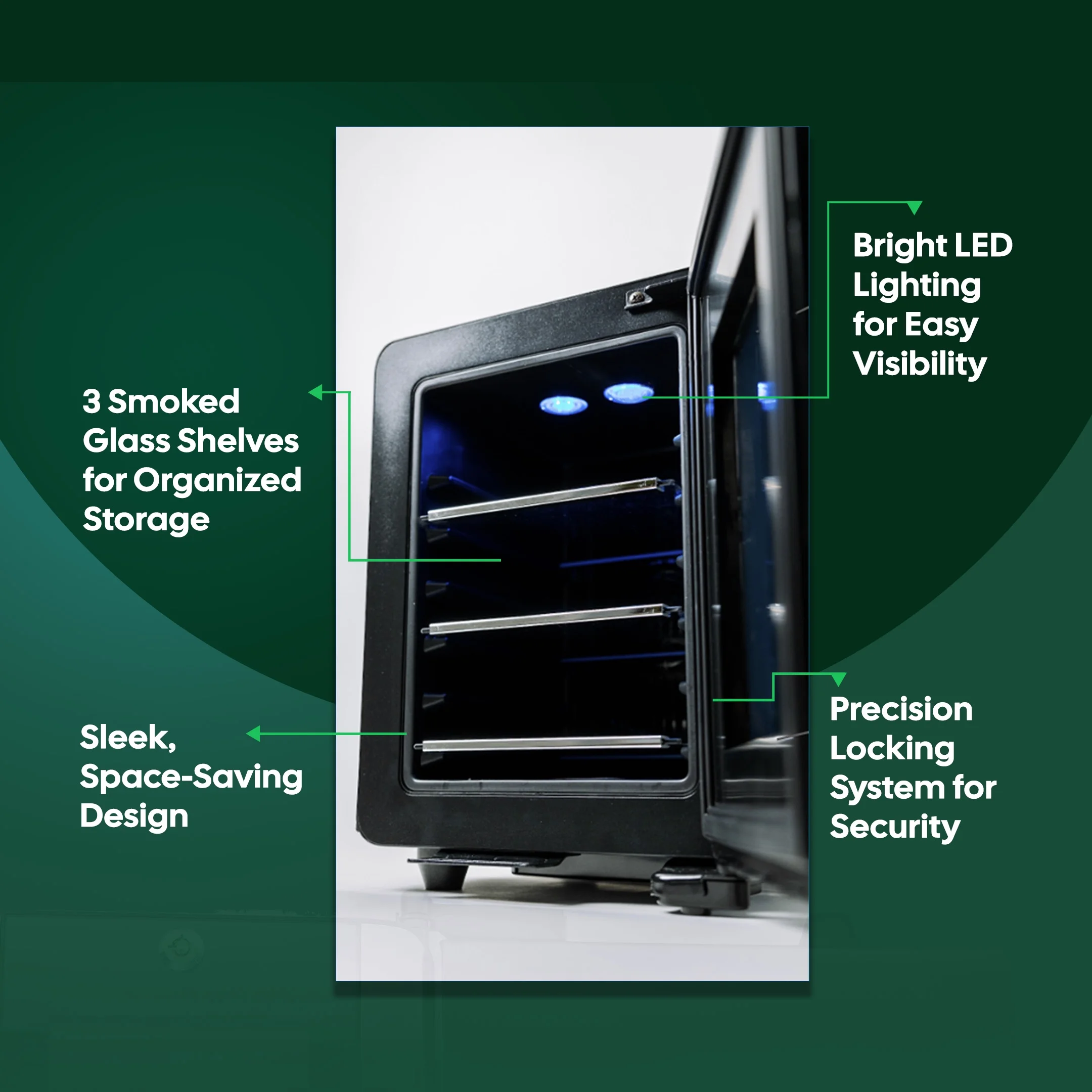 Essential Cooler - Mini Fridge with Temp & Humidity Control, 3 USB Ports, Smoked Glass Shelves, Lockable UV Glass Door for Cosmetics, Skin Care, Medicine, Herbs, and More