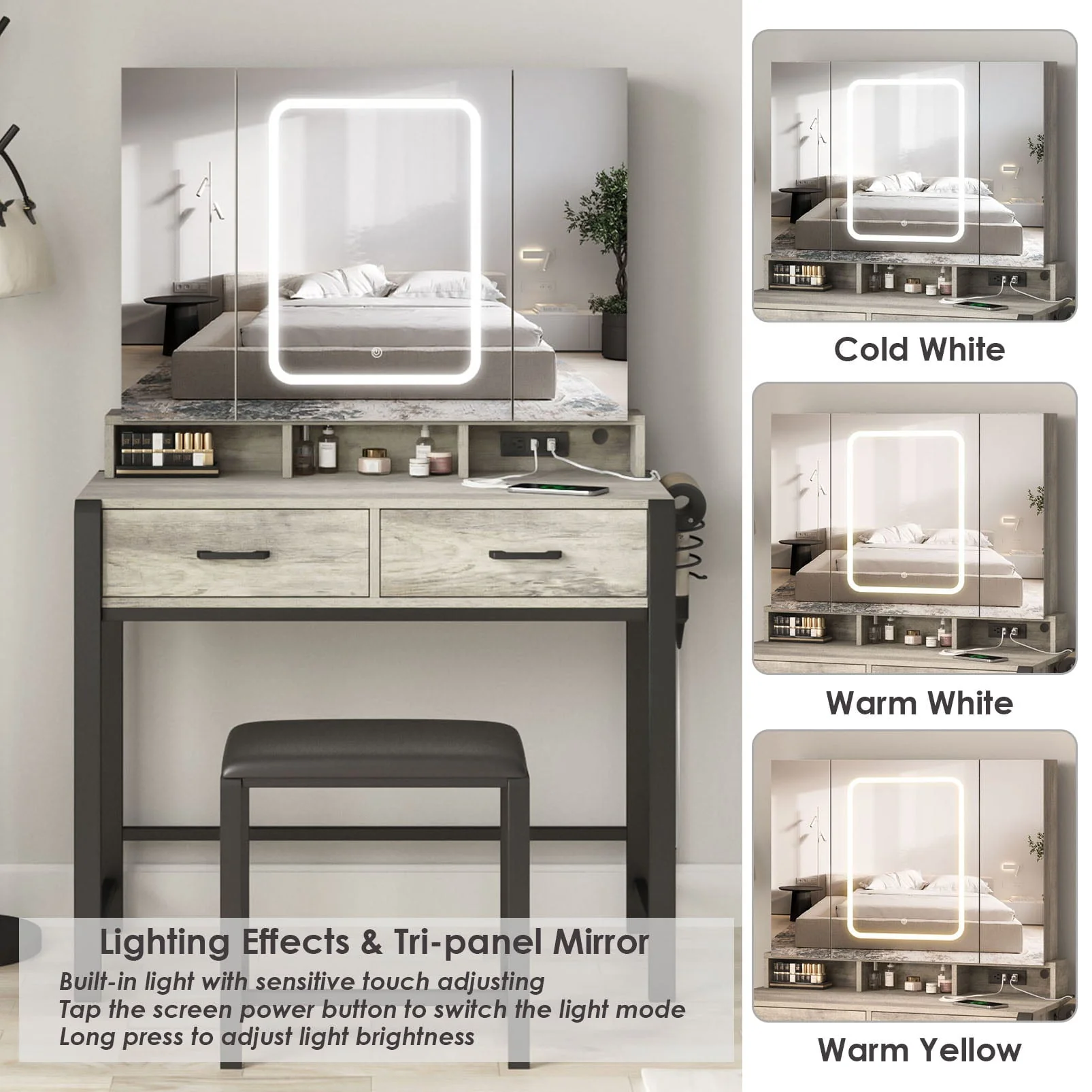 35.4in Makeup Vanity Desk with LED Lighted Mirror and Power Strip, Tri-Fold Mirror Makeup Table with Hair Dryer Rack,2 Drawers Vanity Set with Hidden Storage Shelves,3 Color Lighting Modes