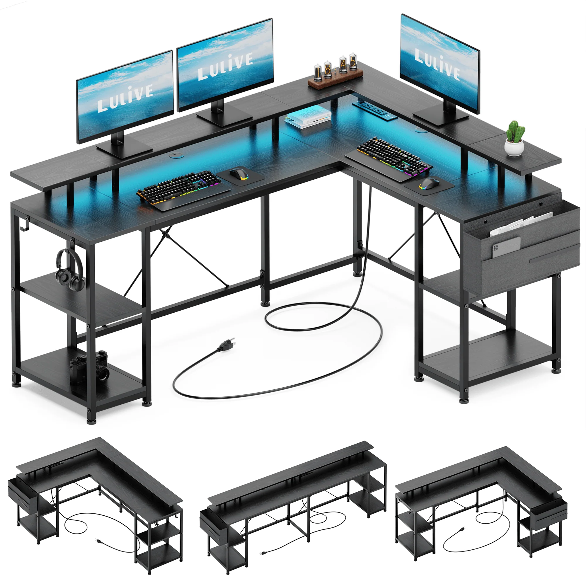 Lulive 95” L-Shaped Computer Desk with LED Light Gaming Desk with Power Outlet, Home Office Desk with Monitor Stand, Storage Shelf and Storage Bag Corner Desk, Black