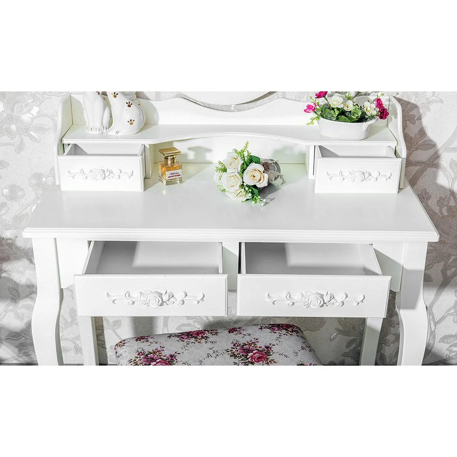 Veryke Vanity Table Set with 4 Drawers & Removable LED Mirror, Makeup Desk with Stool - White