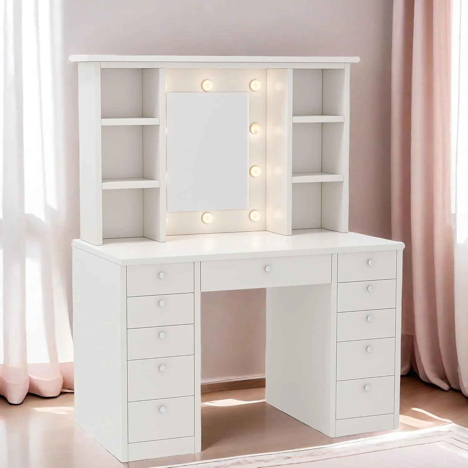 Makeup Vanity Desk with LED Mirror, 11 Drawers & Shelves, 3 Color Modes & Adjustable Brightness