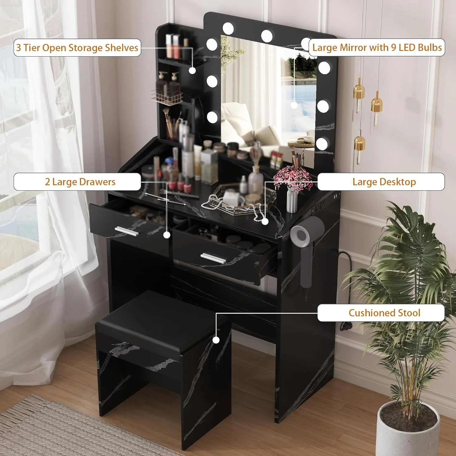 OYang Makeup Vanity with Lights, Vanity Desk with Mirror and Lights Set, Large Drawer and Two-Tier Lots Storage Cabinet, 3 Lighting Modes Adjustable Brightness