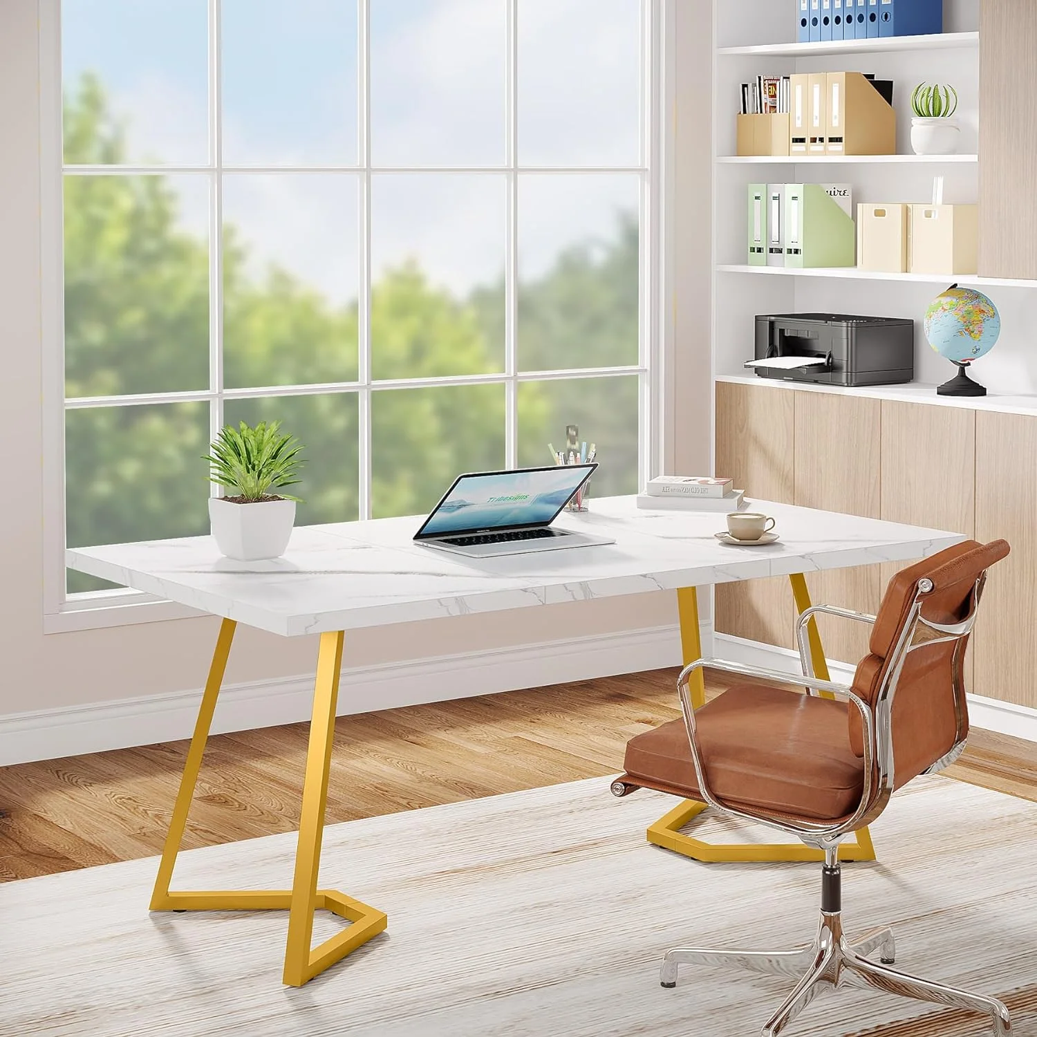 Finmind Modern Home Office Desk, Adult Study Writing Table with Metal Legs, White & Gold, 55.11