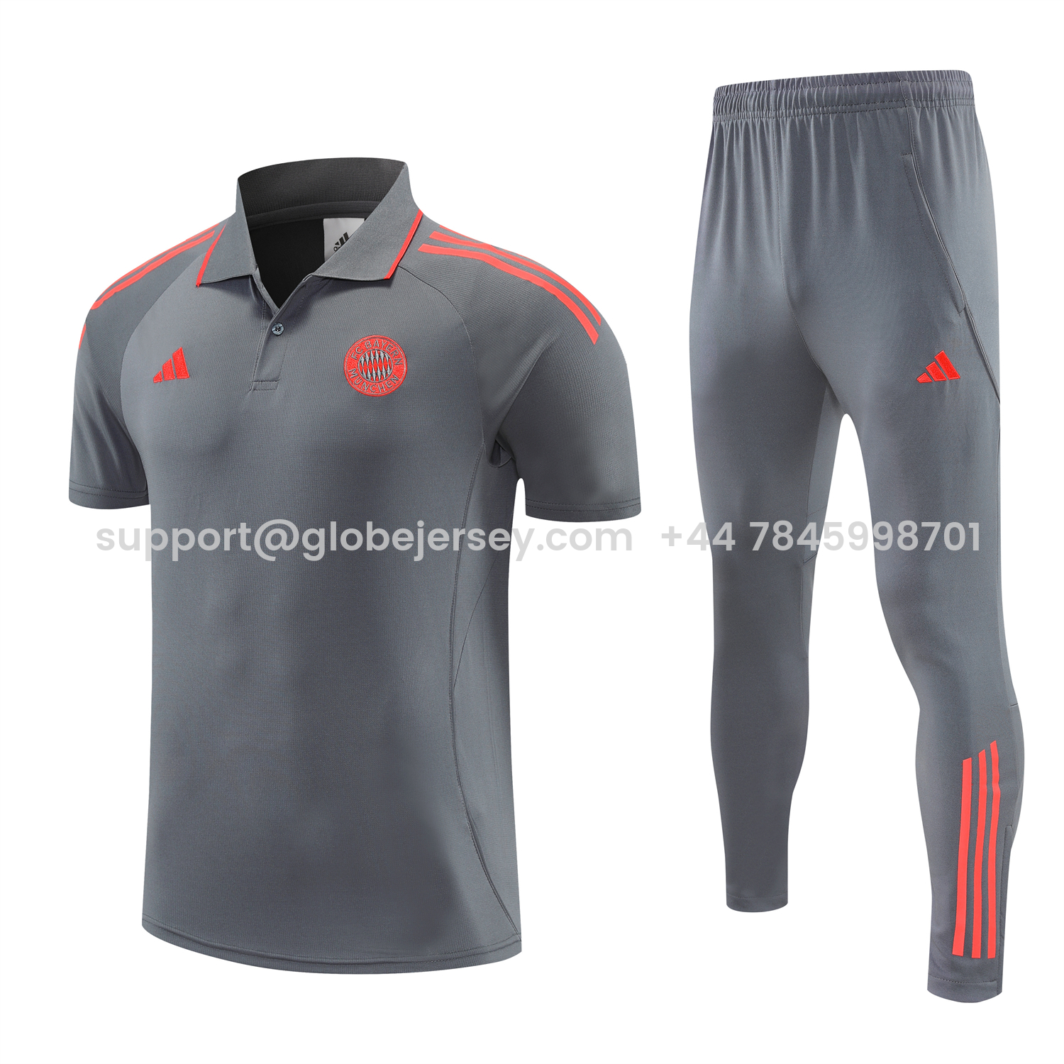 Bayern Munich 25-26 POLO Short-Sleeve Training Set - Deep Grey With Red Top and Pants