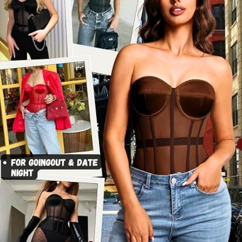 Women's Strapless Mesh Corset Top, Going Out Lace-Up Bustier