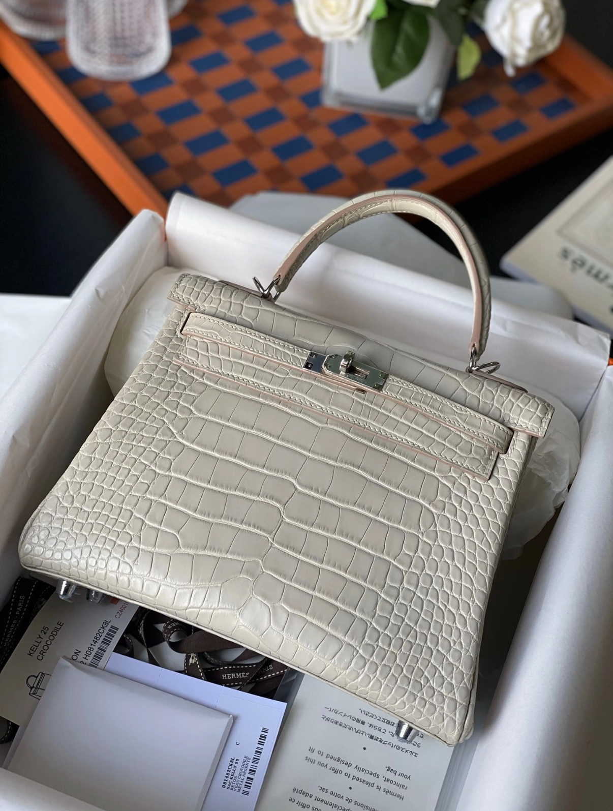 Kelly 25-28 Glacier White Matte Crocodile Leather Custom
