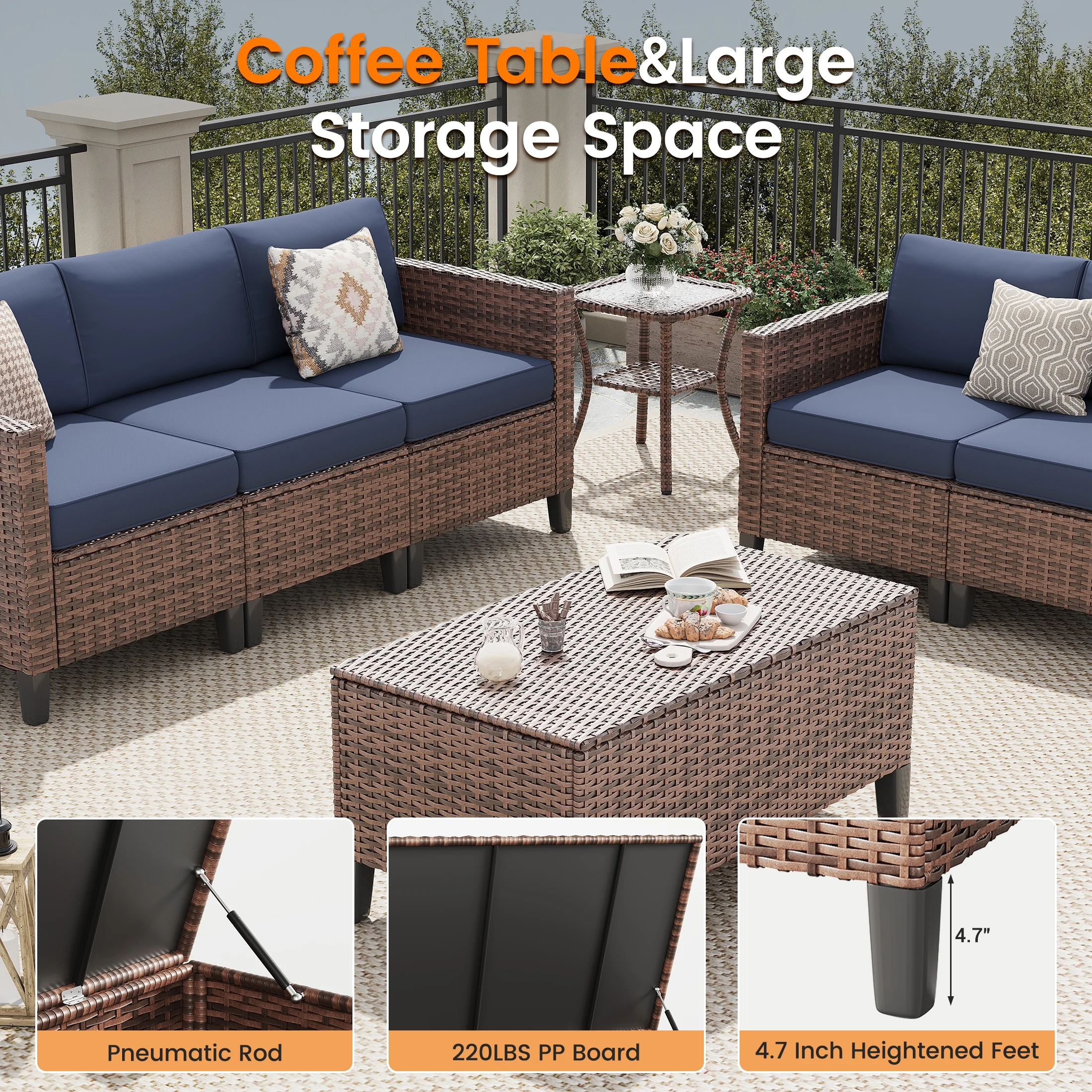 Poteban Outdoor Patio Furniture Set, Rocking Swivel Chair, 9 Pieces Wicker Rattan Sectional Furniture for Backyard (Grey)