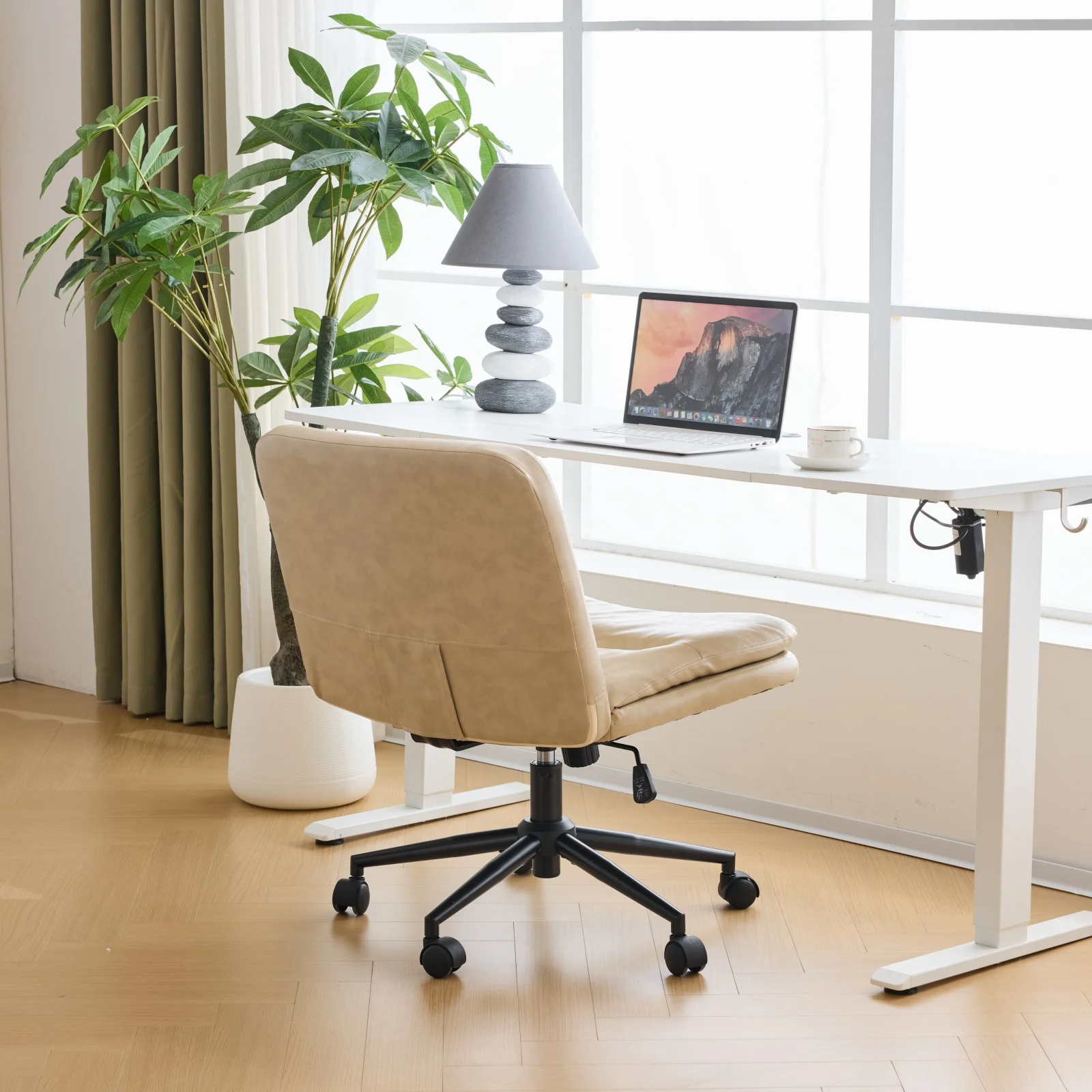 Ktaxon Armless Office Chair Swivel Study Chair Adjustable Desk Chair with Criss Cross Legs and Wheels for Conference and Home Faux Leather Gray