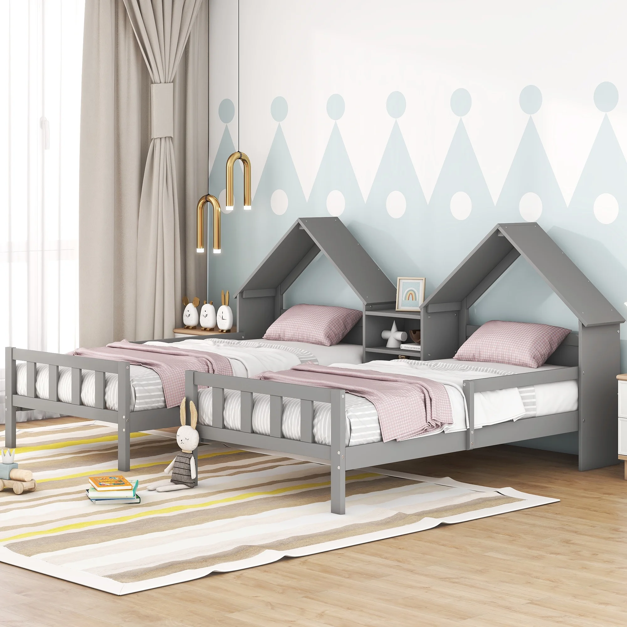 Euroco Twin Size Wood House Platform Bed, Two Beds in One with Desk and Shelf, 2 Platform Beds for More Kids Teens, Gray