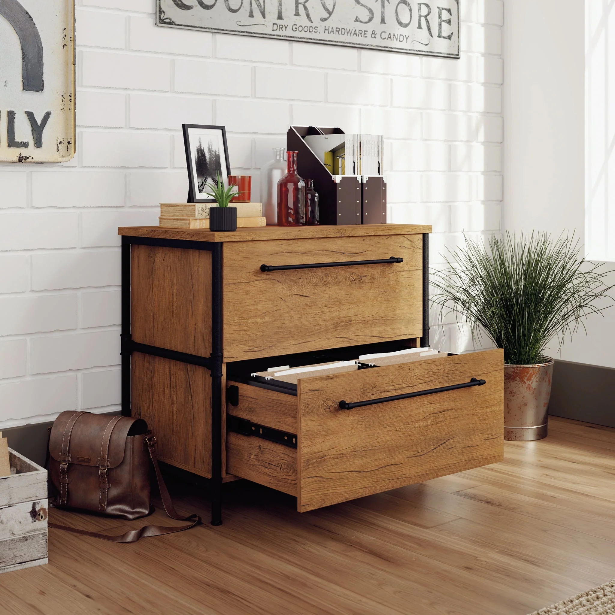 Sauder Iron City Industrial Interlocking 2 Drawer Lateral File Cabinet, Checked Oak Finish