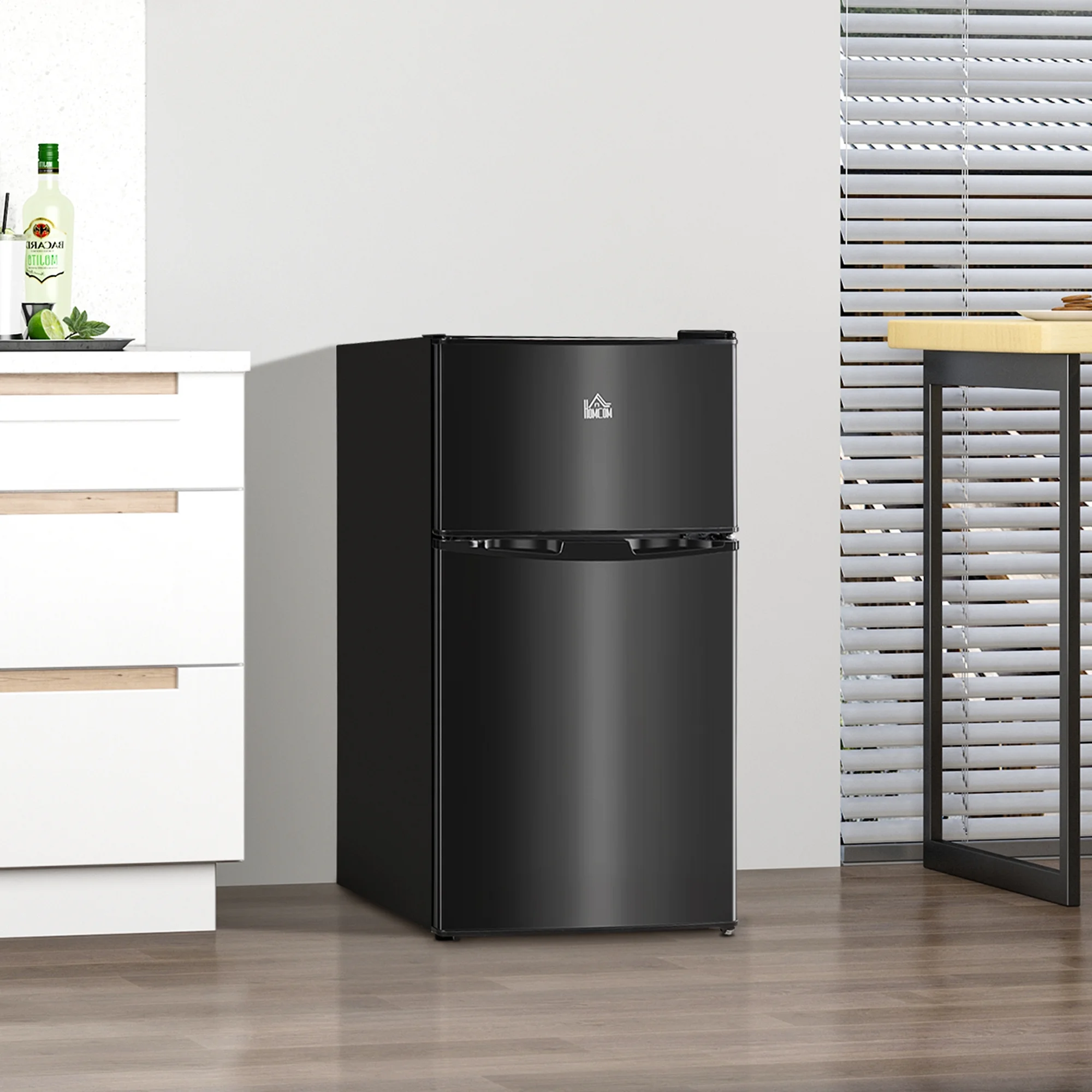 Homiyad 3.2 Cu.Ft Mini Fridge with Freezer, Double Door Compact Refrigerator with Adjustable Thermostat, Shelf and Reversible Door for Bedroom, Dorm, Home Office, Energy Efficient, Black