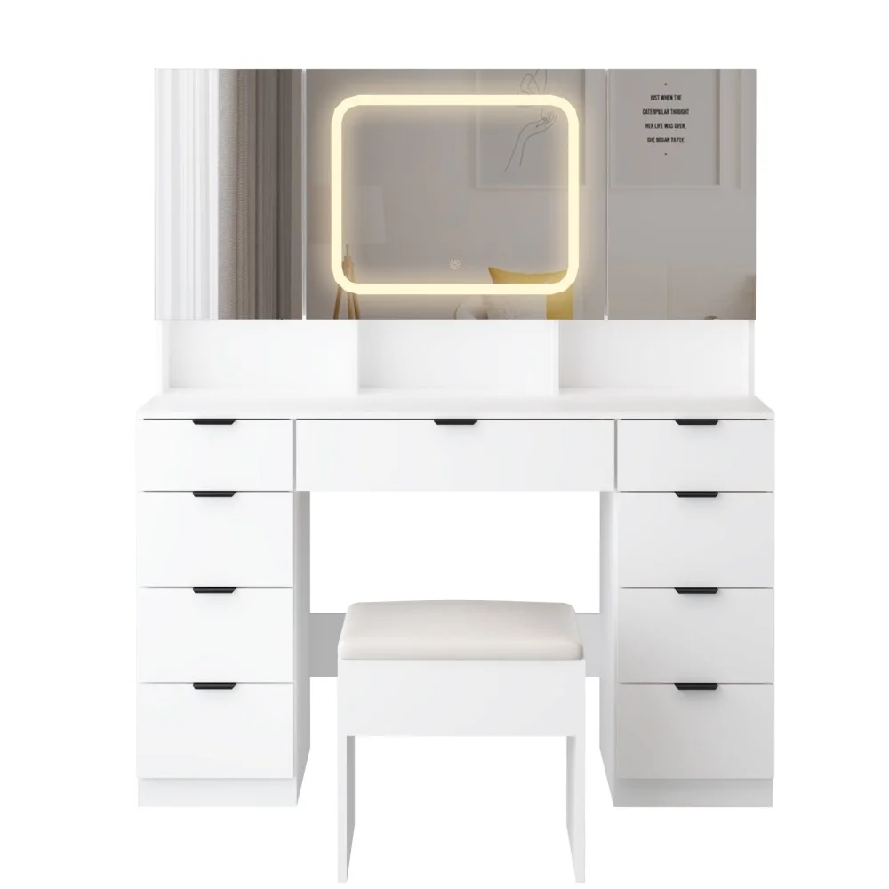 IVV Vanity Desk Set with Large LED Lighted Mirror & Power Outlet, Makeup Dressing Table with 9 Drawers and 3 Cabinets in Mirrored Doors, 47