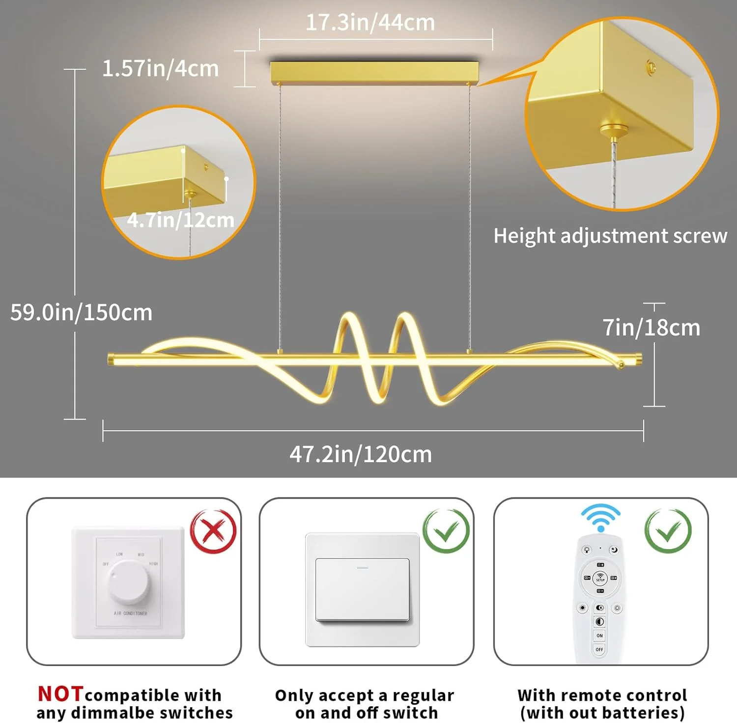 Modern Led Chandelier Dimmable Desk Linear Pendant Light with Remote Control Dimmable 3 Color Mode & Brightness Ceiling Lamp Dining Light Fixture for Kitchen Dining Room 39inch Black