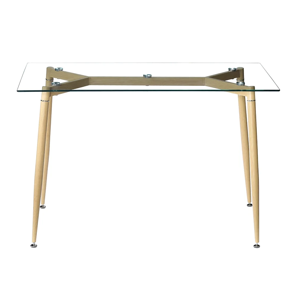 Modern Glass Dinner Table, 8MM Black Tempered Glass Sturdy Table Top, Dining Table Iron Tube Legs w/ Wood Pattern, for Home, Kitchens, Dining Rooms, Cafes, Idea for Eating, Work or Play Games, S12700
