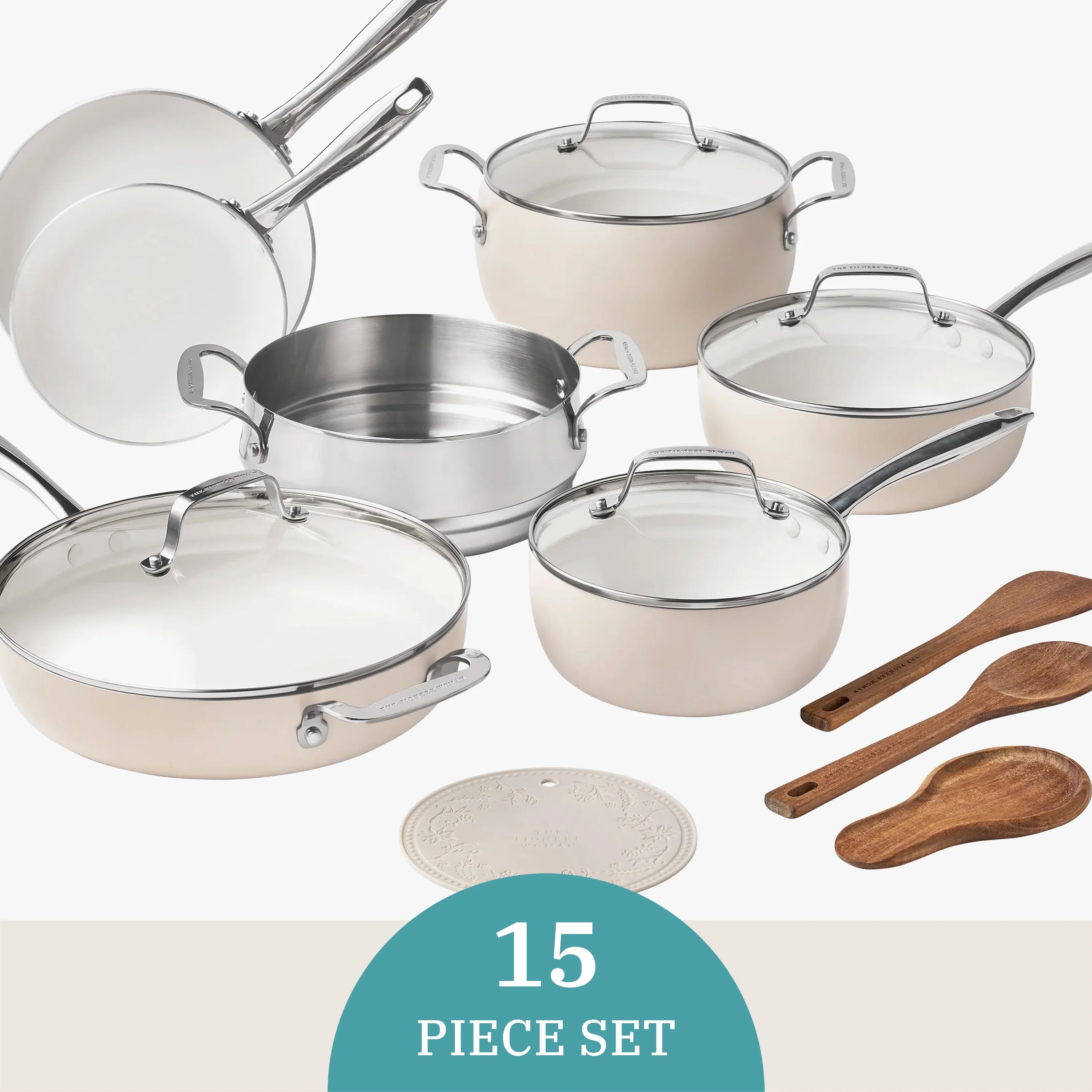 The Pioneer Woman Harlow 15-Piece Cookware Set, Ceramic Non-Stick Pots and Pans Set, Taupe