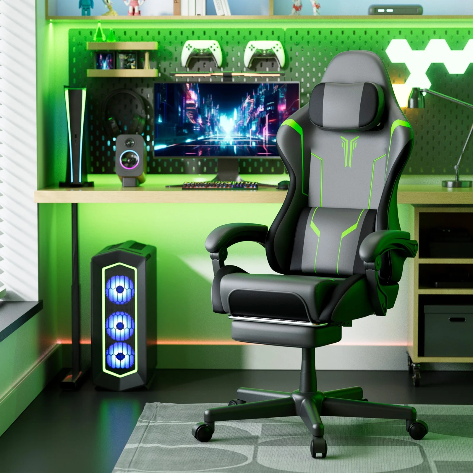 SOONTRANS Gaming Chair for Adults, Velvet Fabric High Back Comfortable Video Game Chair with Footrest and Massage Lumbar Cushion, Racing Computer Desk Chair, Ergonomic Gamer Chair, Black/Grey