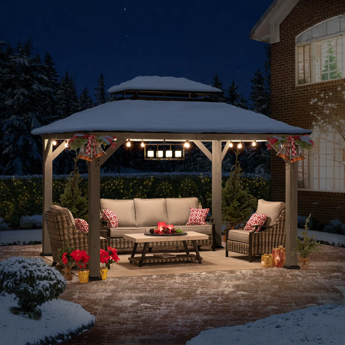 Sunjoy 10 x 12 ft. Wood Gazebo. Outdoor Patio Steel Hardtop Gazebo. Cedar Framed Wooden Gazebo with 2-Tier Metal Roof. Suitable for Patios. Lawn and Backyard