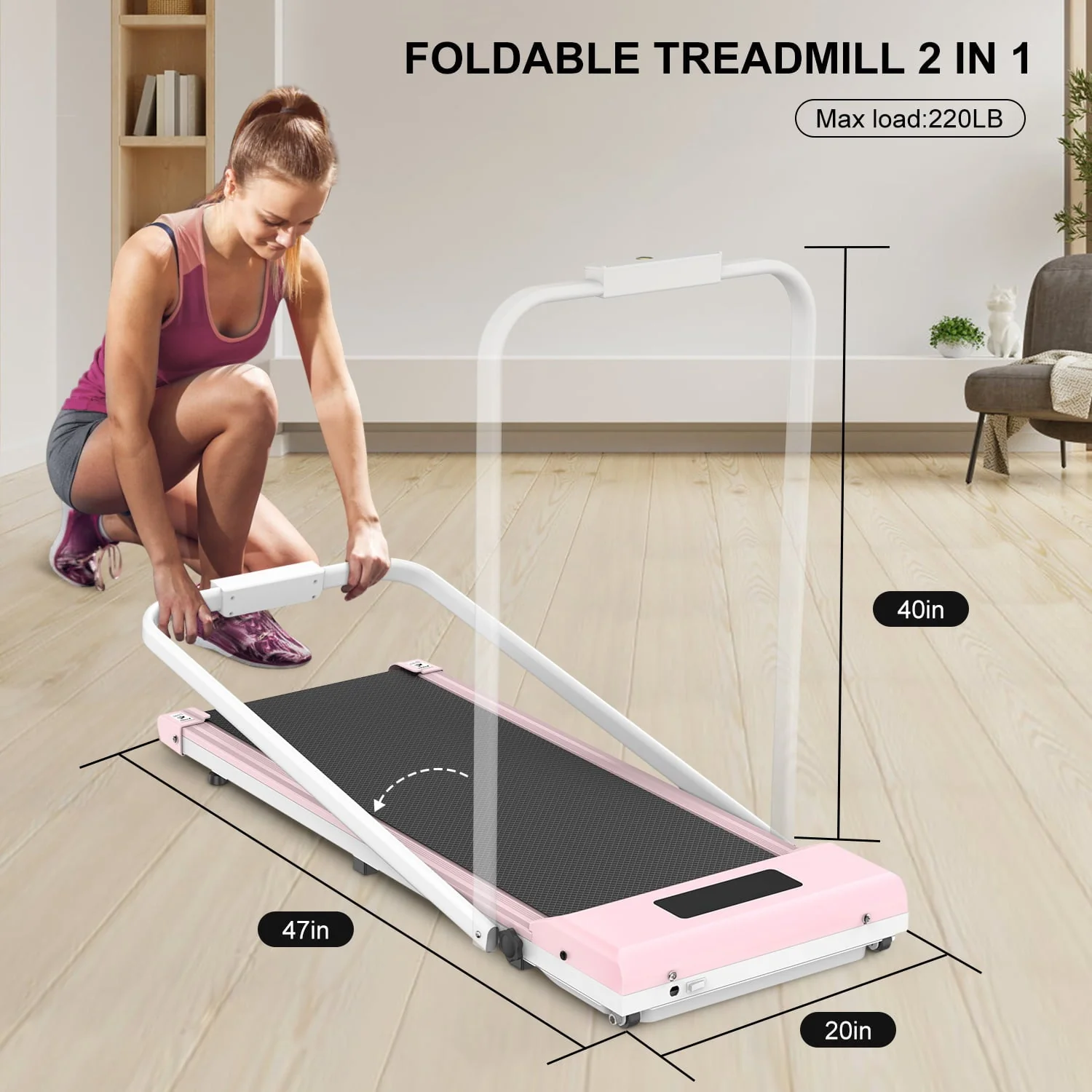 Bigzzia Walking Pad Under Desk Treadmill,Portable Folding Treadmills Motorized Running Machine for Home,6.25MPH,No Assembly Required,Remote Control,265 Lb Capacity(Pink)