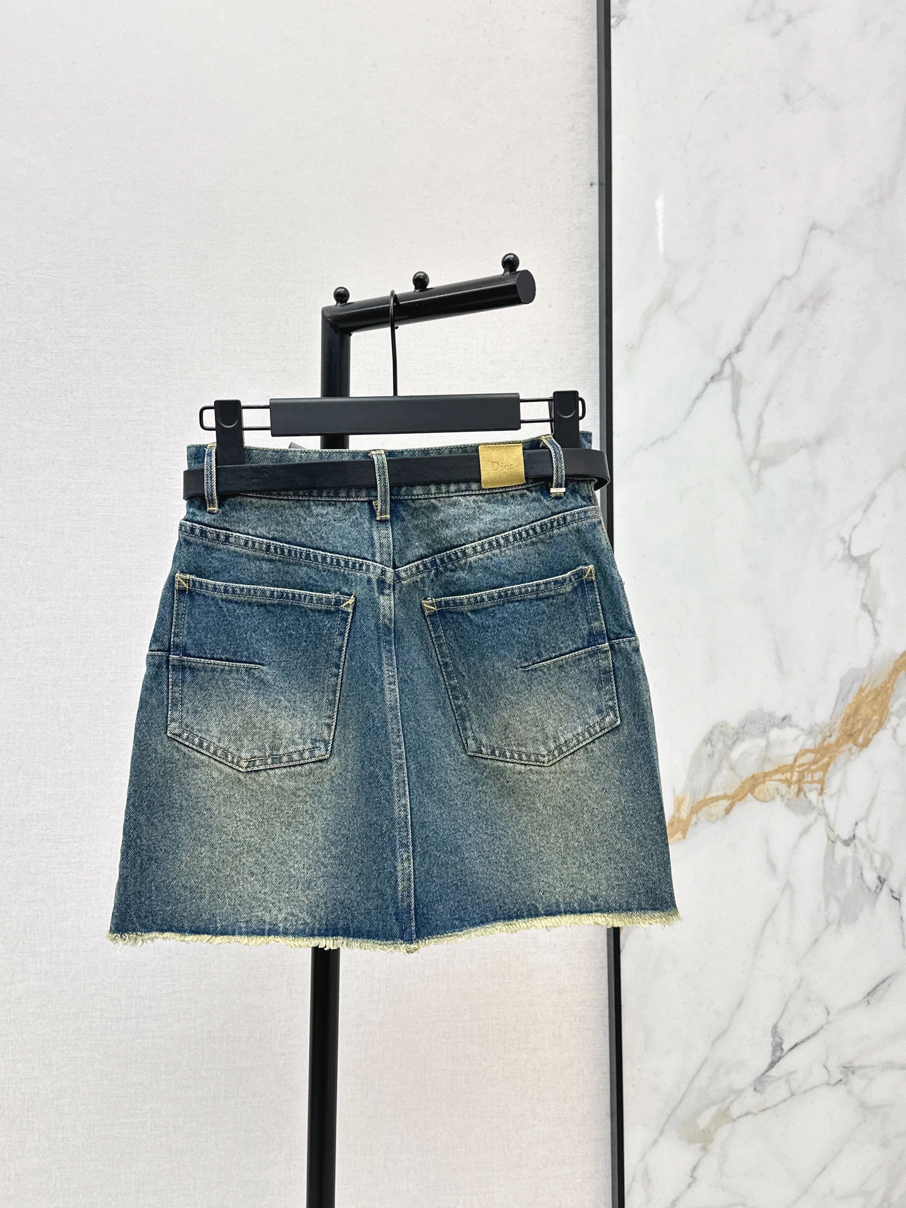 26SS Embroidered Denim Skirt with Belt Detail