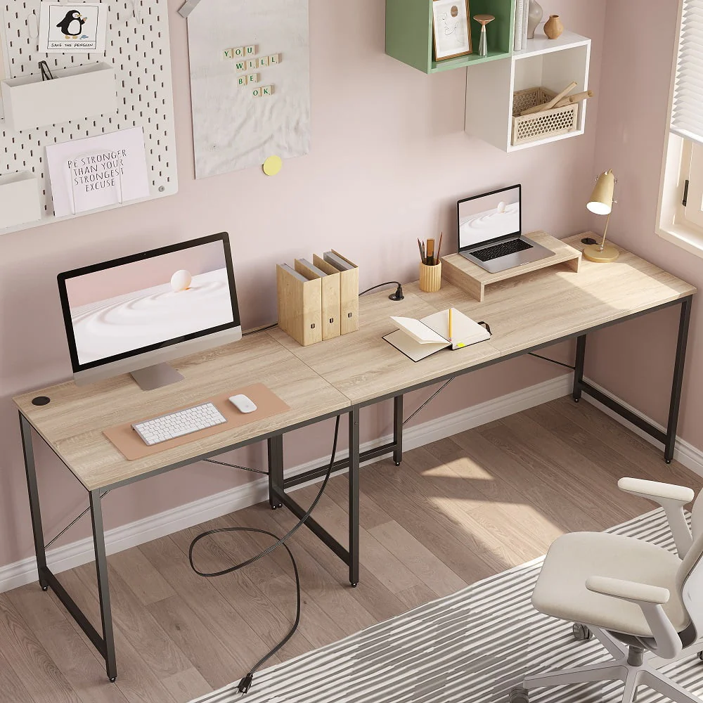 Bestier 95.2 inch L Shaped Desk with Power Outlet & Monitor Stand Oak