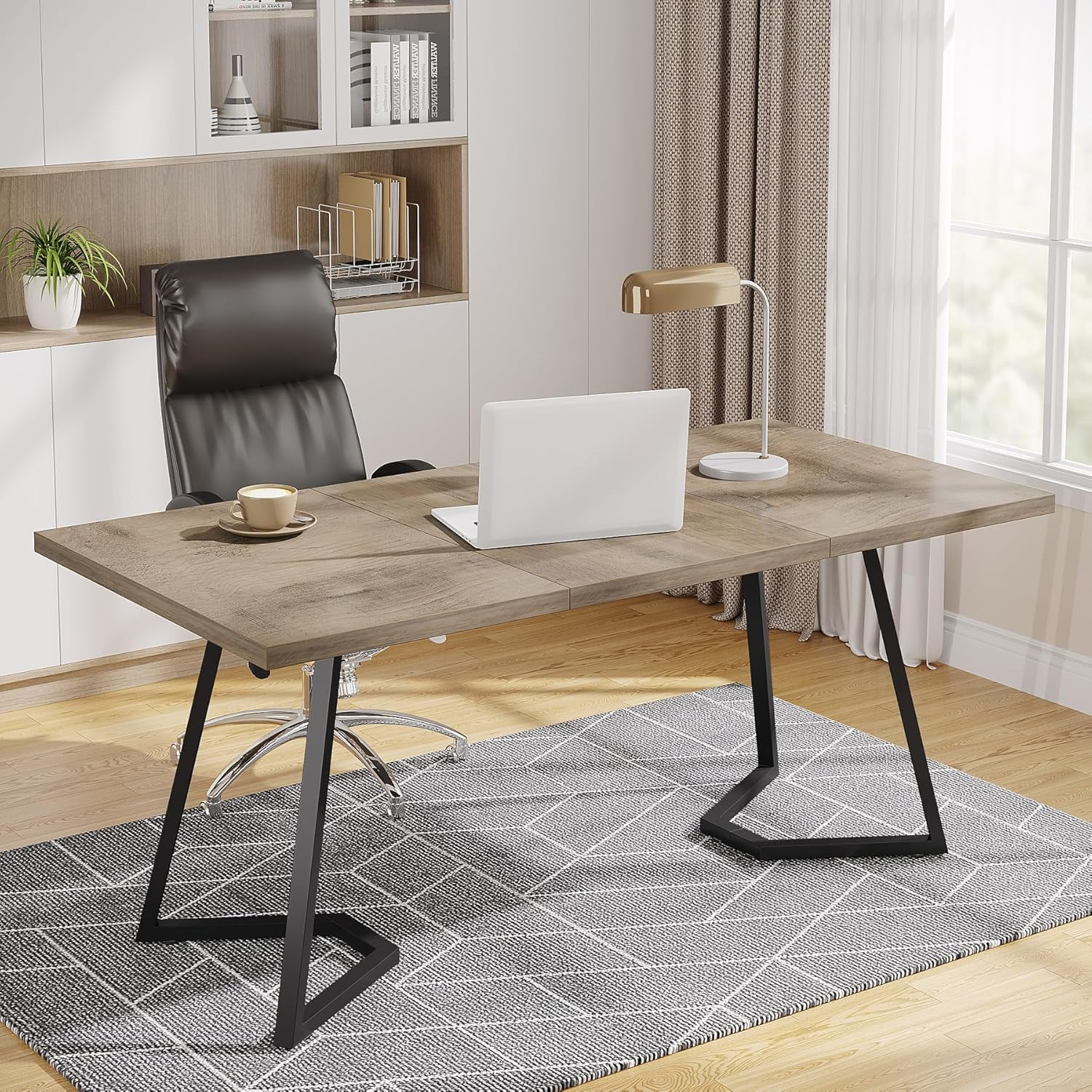 Finmind Modern Home Office Desk, Adult Study Writing Table with Metal Legs, White & Gold, 55.11