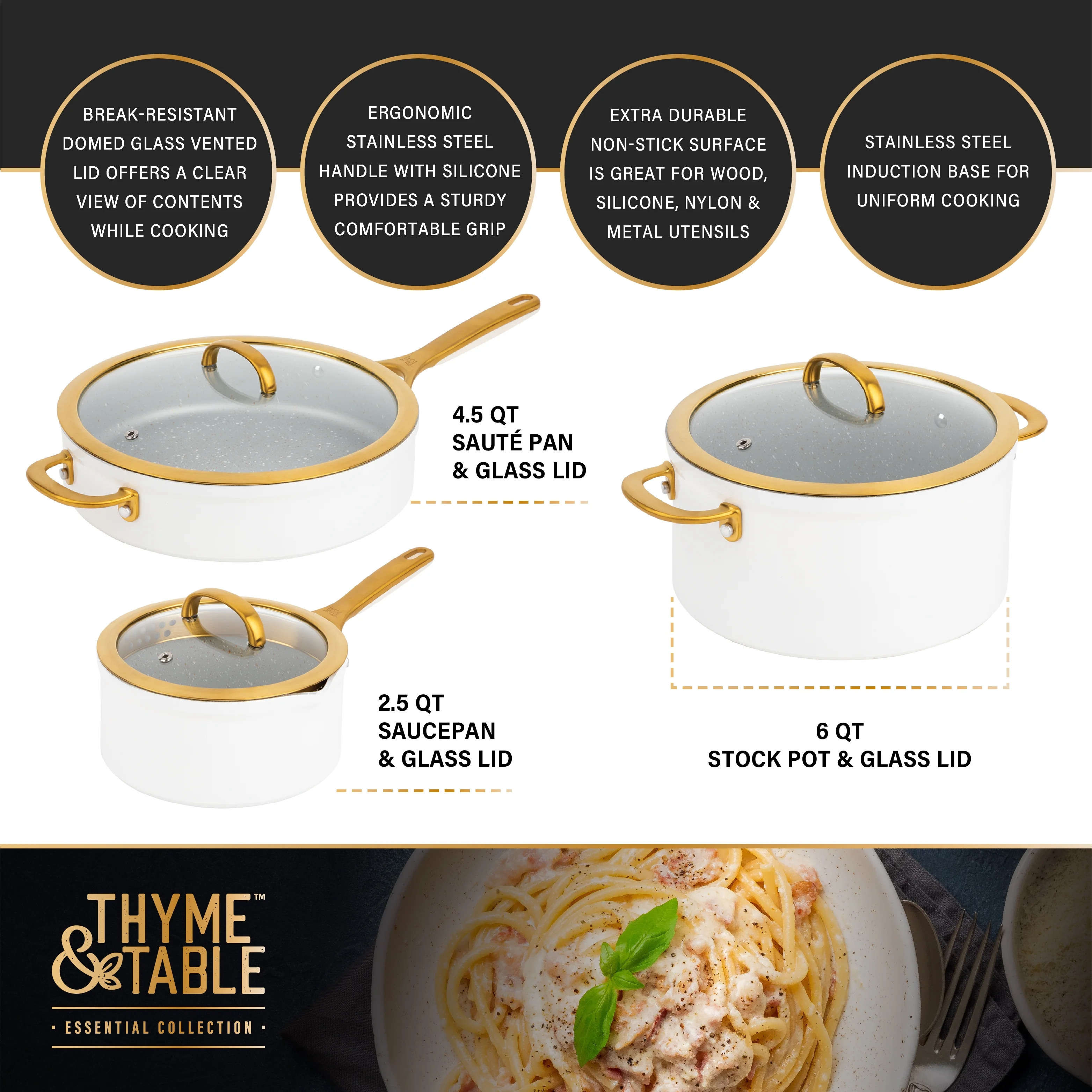 Thyme & Table 12-Piece Non-Stick Supreme Cookware Set, Pots and Pans Set - Cream