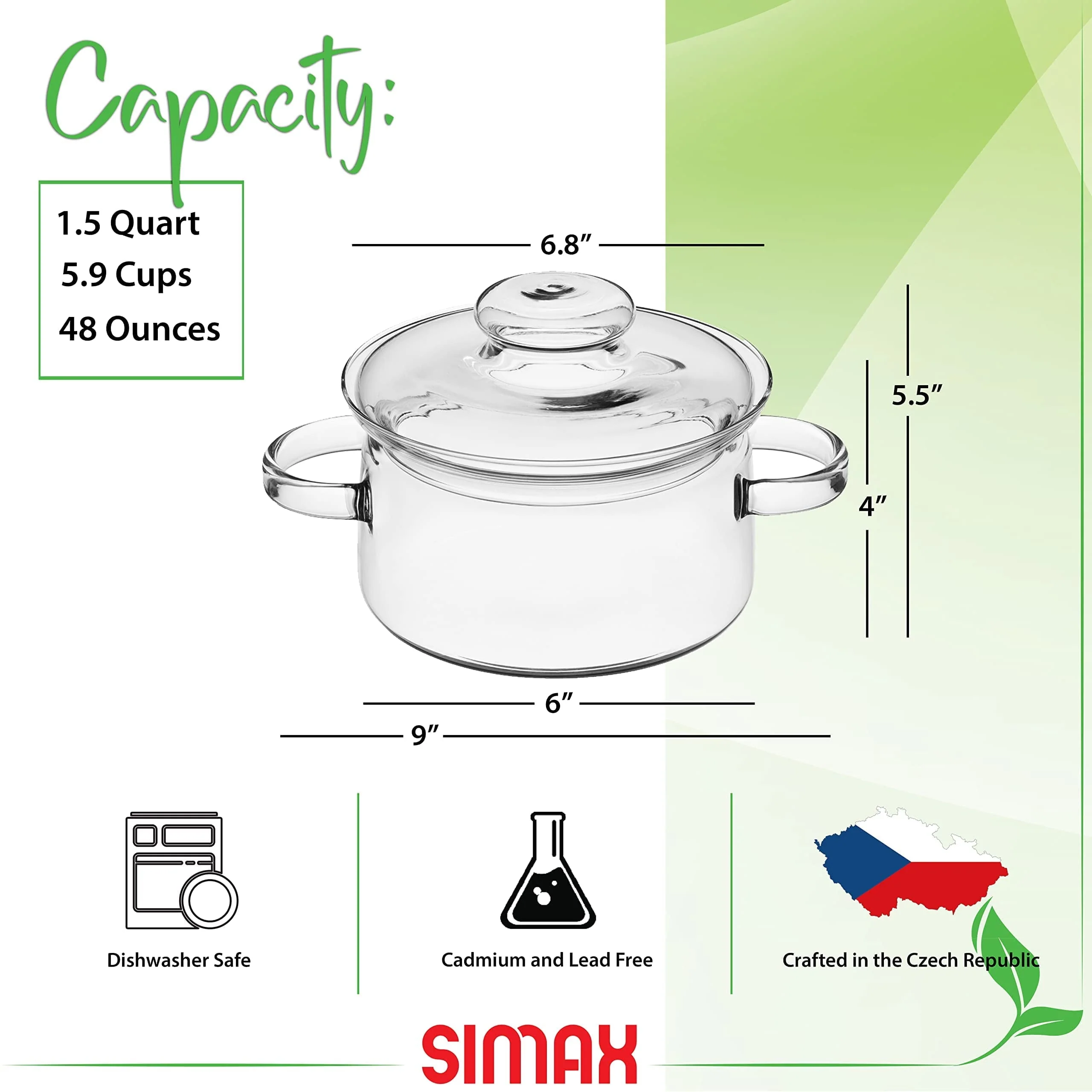 Simax Glassware 1.5 Quart Glass Pot With Lid | Heat Resistant Handles �?Doubles as Serving Dish - Made from Oven, Microwave, Stove and Dishwasher Safe Borosilicate Glass �?Small Glass Pot