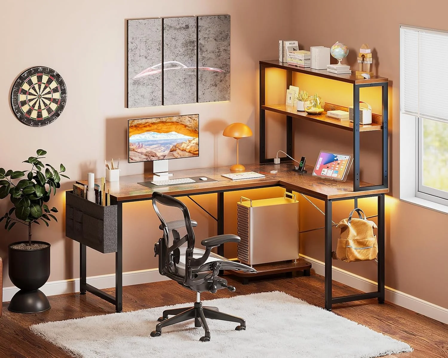 Gaming Desk with Power Outlets & LED Lights, 43 Inch Reversible L Shaped Computer Desk with Shelves & Storage Bag, Corner Desk for Home Office, Black