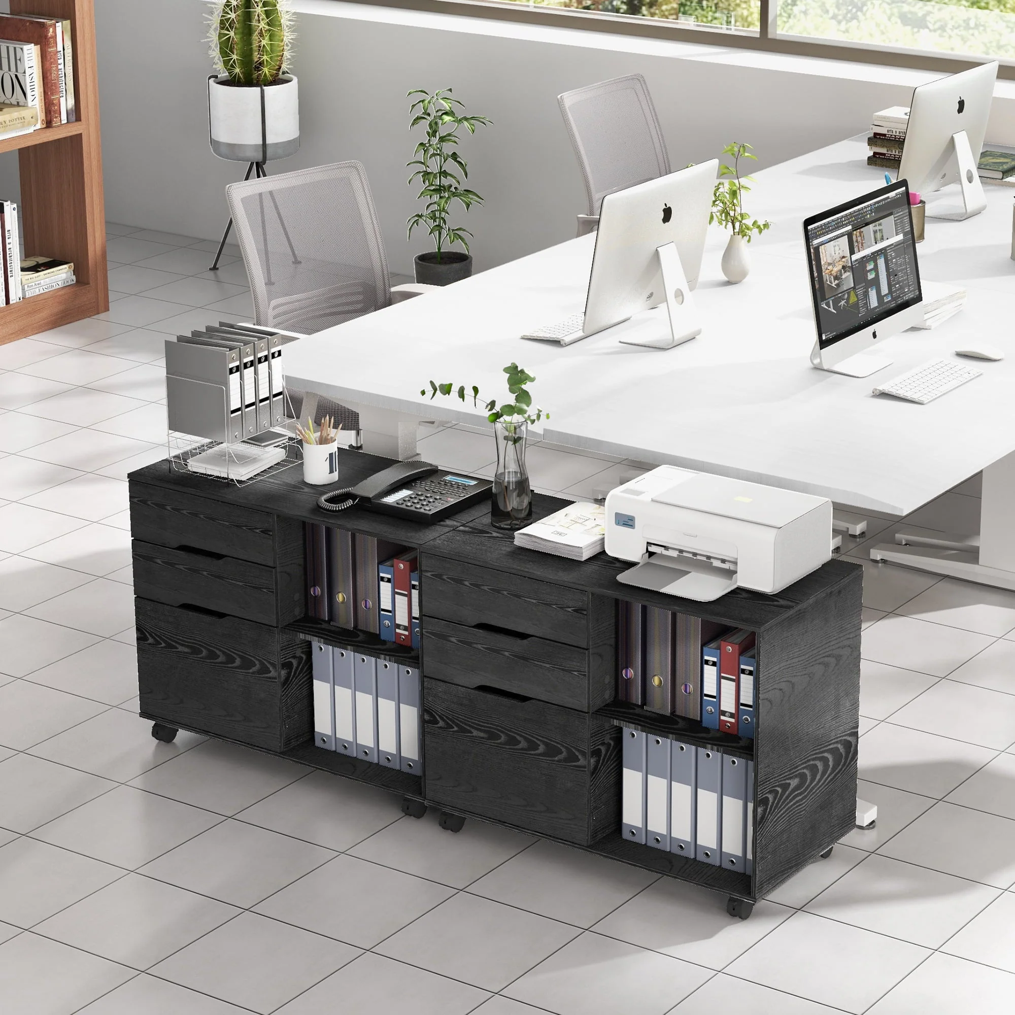 Rolling File Cabinet with Lock, 3-Drawer Wood File Cabinet for Home Office, Fits Legal/Letter/A4 Size, Printer Stand with Wheels and Open Storage Shelf, Black