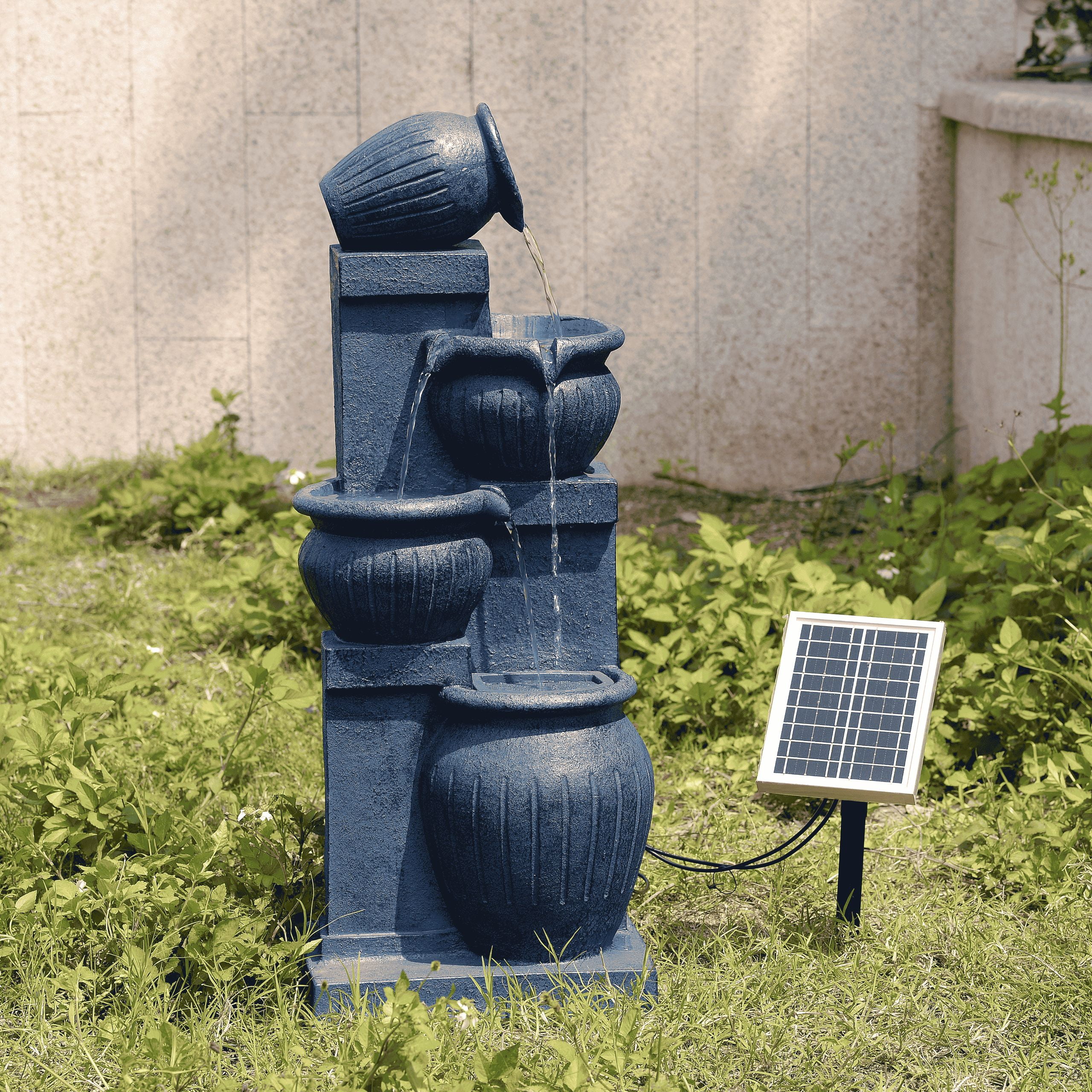 Teamson Home Outdoor Water Fountain with Lights�C 4-Tier Cascading Bowl Design with LED Light & Solar Pump, Solar-Powered Water Fountain Outdoor Garden, Yard, or Patio D��cor, Navy Blue