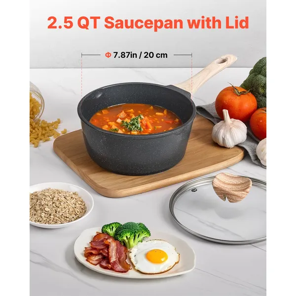 2.5 QT Saucepan, Nonstick Saucepan with Tempered Glass Lid, Multipurpose Cooking Sauce Pot with Detachable Handle, Sauce Pan Small Kitchen Cooking Pot with Coating, Induction Compatible, Black