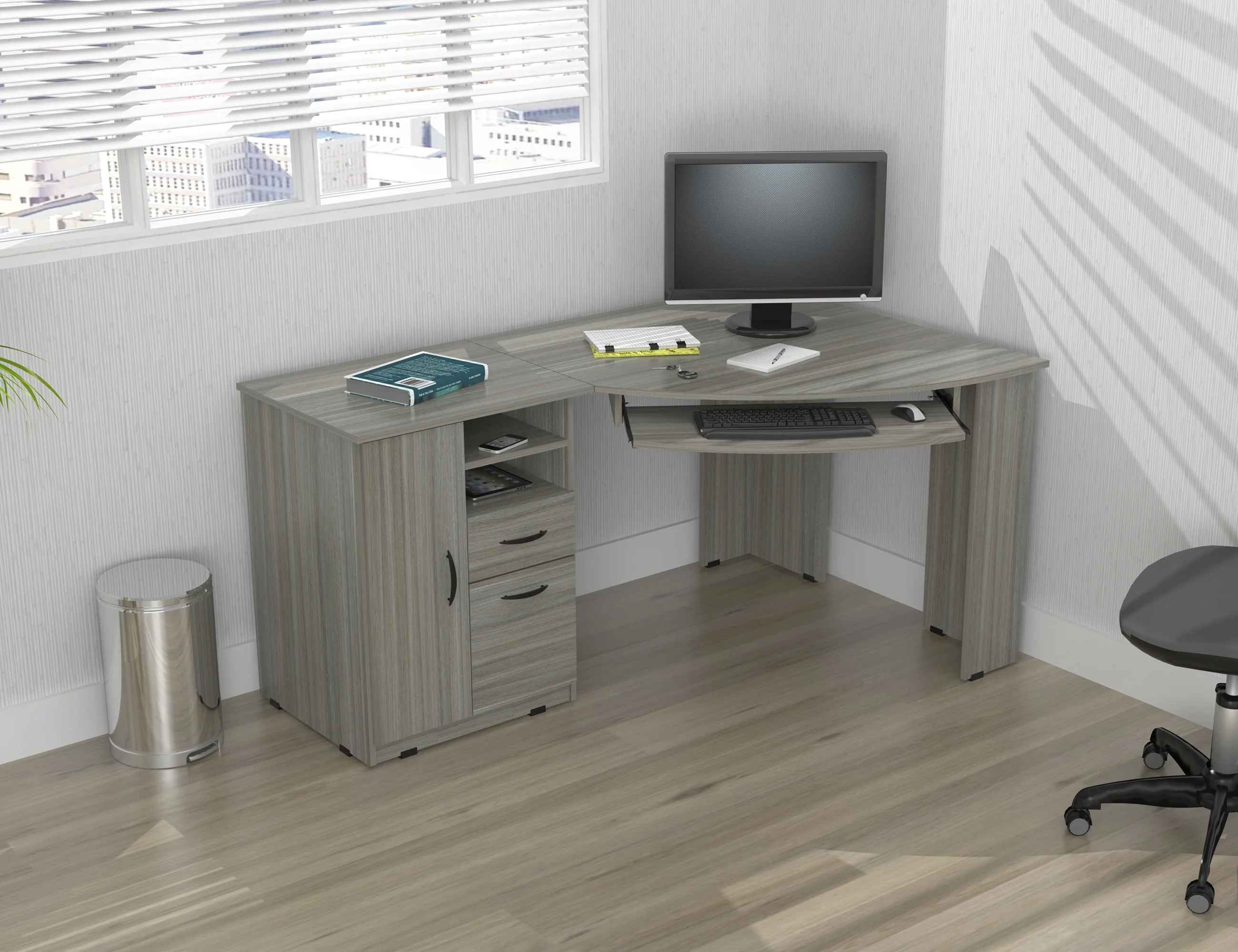 Inval Modern Corner Desk with 2 Drawers and Cabinet, Washed Oak
