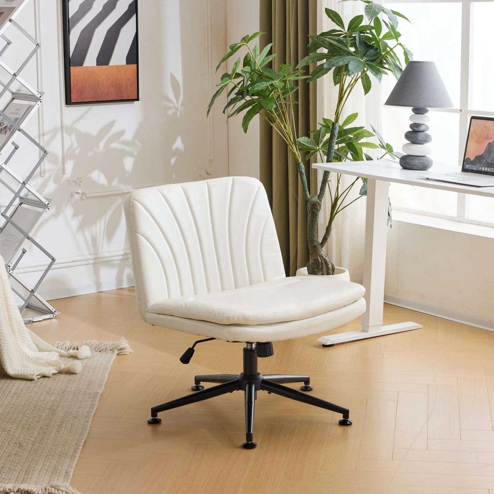 Ktaxon Armless Office Chair Swivel Study Chair Adjustable Desk Chair with Criss Cross Legs and Wheels for Conference and Home Faux Leather Gray