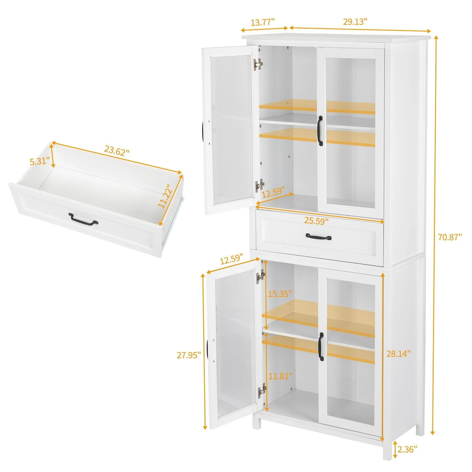 UBesGoo Bookcase with Acrylic Glass Doors 5 Shelves Pantry Cabinet, 70.8 Inch Kitchen Buffet Cupboard Cabinet, White