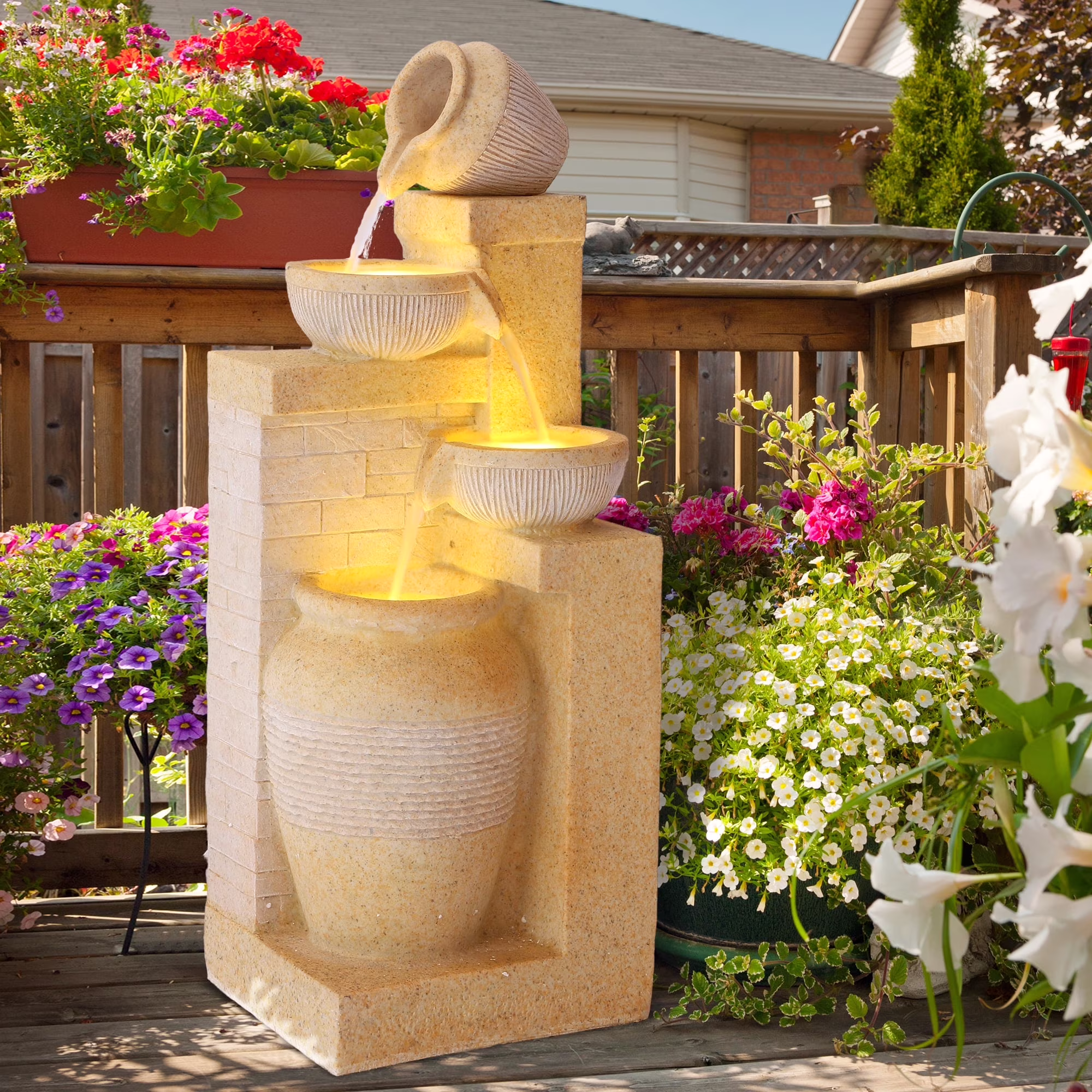 Magic Union Outdoor 4-Tiers Water Fountain, Garden Cascading Waterfalls Fountain with LED Lights, 32
