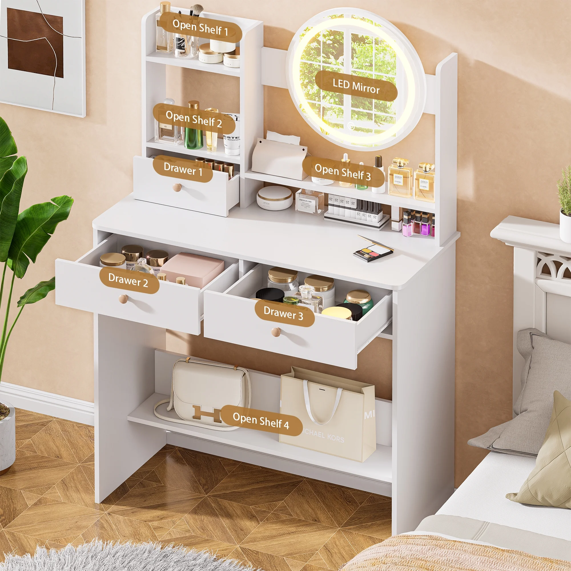 Vanity Desk with LED Lighted Mirror, Makeup Vanity Desk with 3 Drawers & Storage Shelves, 3 Color Modes, Dressing Table for Bedroom, White