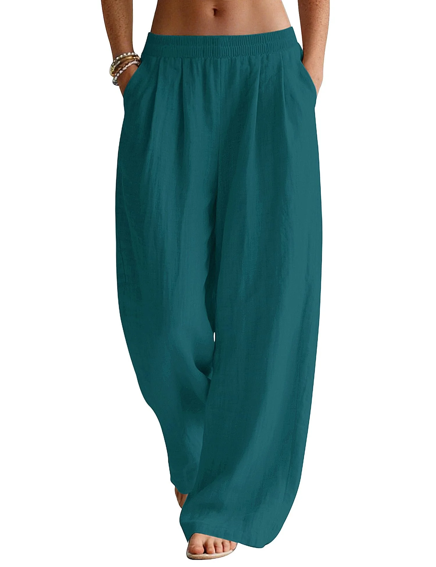 LOMON Linen Pants Women Wide Leg Palazzo Summer Flowy Pants Beach Vacation Clothes Loose Casual Travel Trousers with Pockets (Lake Green, M)